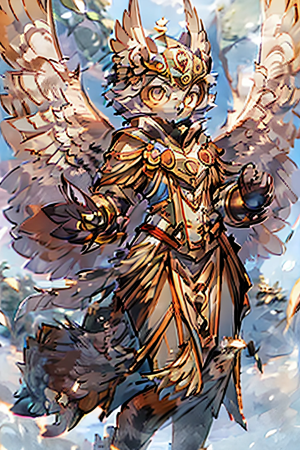 Female, Owl person, wings, owl beak, owl eyes, bird talons, Breastplate, Skirt,