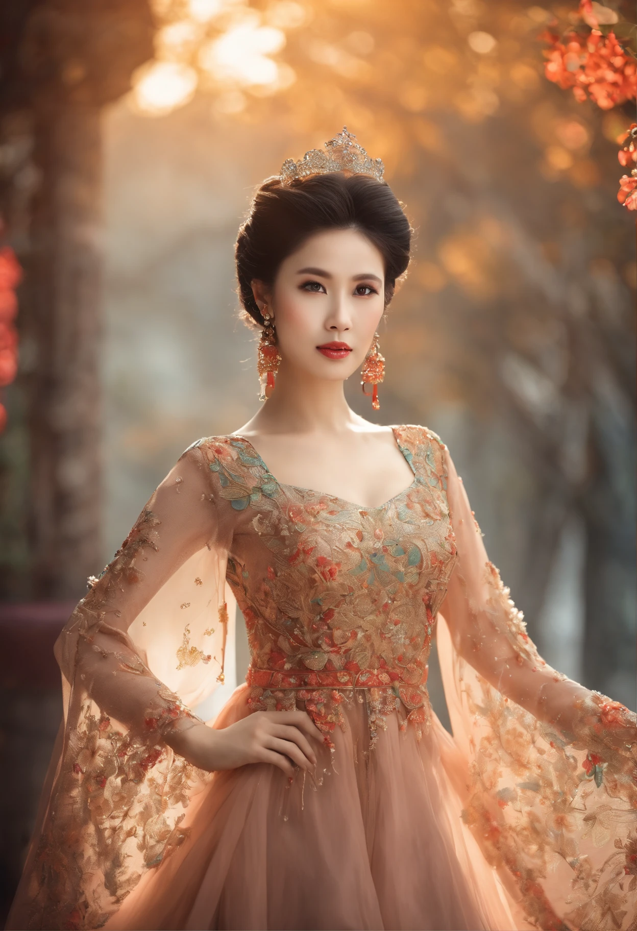 A beautiful woman in a gorgeous slim princess wide-sleeved dress,Chinese and Western elements
