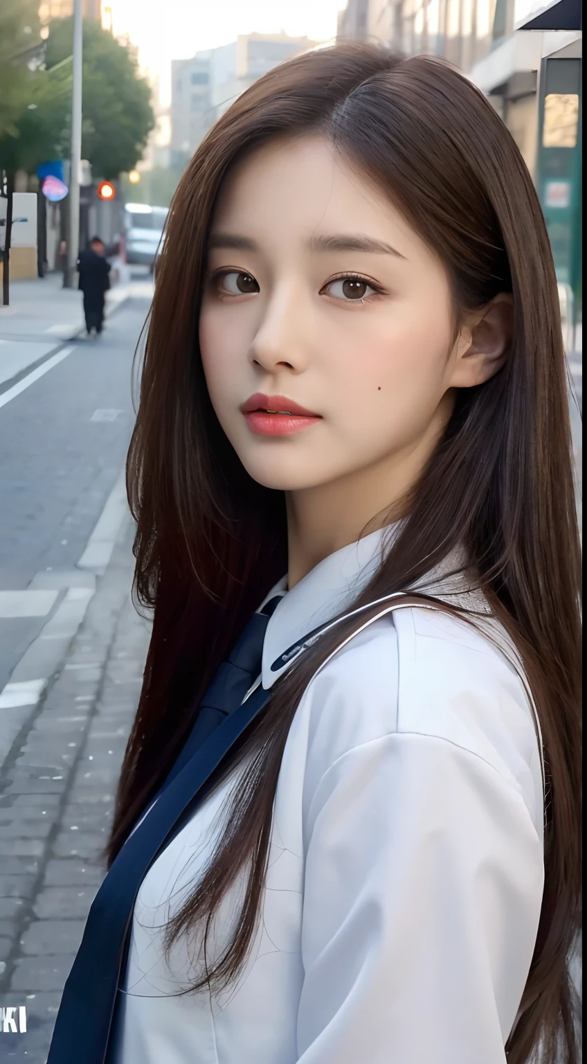 ((Best Quality, 8K, Masterpiece:1.3)), Focus:1.2, Perfect Body Beauty:1.4 , ((:1.2)), (night, Street:1.3), Highly detailed face and skin texture, Fine eyes, Double eyelids, Whitening skin, (Long hair: 1.3), (Round face: 1.5), (Uniform: 1.6)