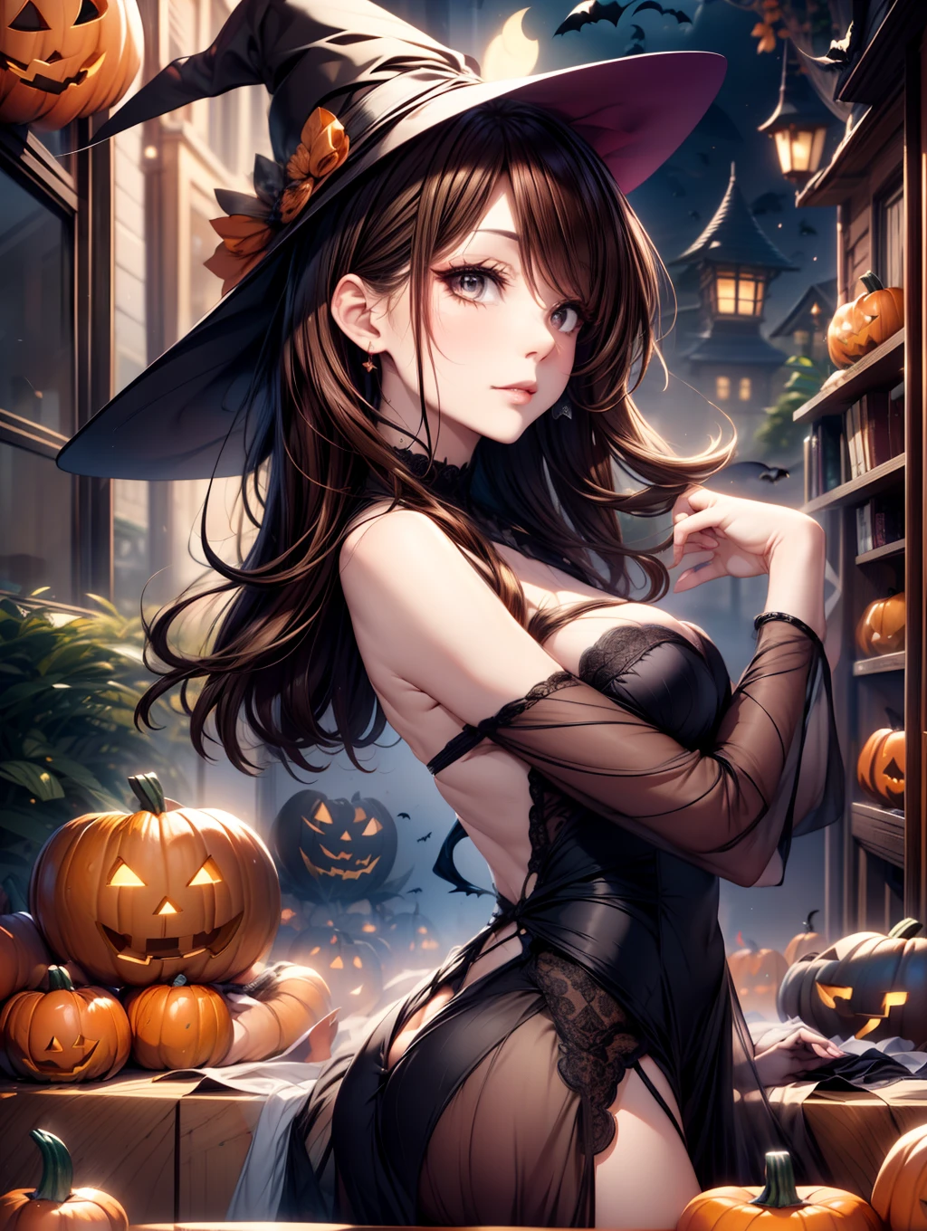 Best Quality, masutepiece, beautiful mature women、Beautiful face、Strong-minded woman、(Black Dress、Witch)、brown haired、(Brown-eyed)、Longhaire、Undersized eyes、(((Halloween)))、the morning sun