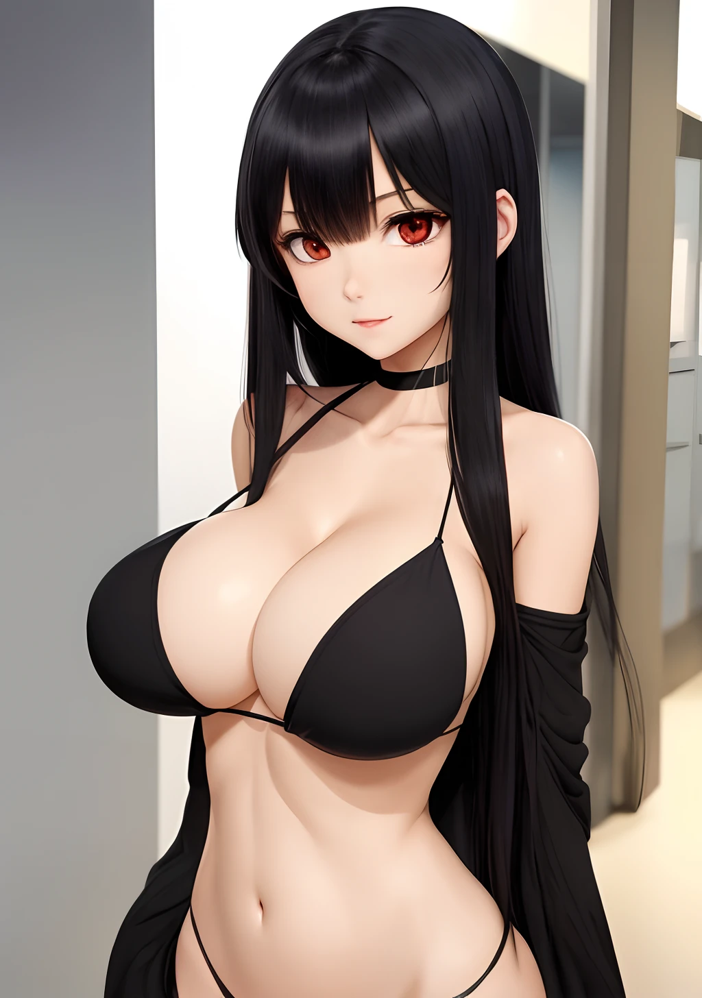 long bangs,Anime girl with black hair,Breasts are big