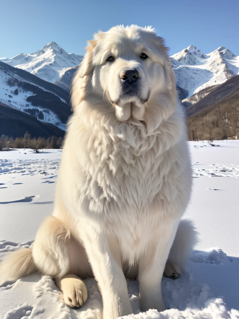((hightquality、hight resolution、masterpiece、ultra-quality、ultra-detailliert、a picture、Photorealsitic、foco nítido、photographrealistic、Raw photography))、High brightness、Giant White Great Pyrenees Dog、A white dog with a beautiful coat、at noon、snow mountains、Dark theme