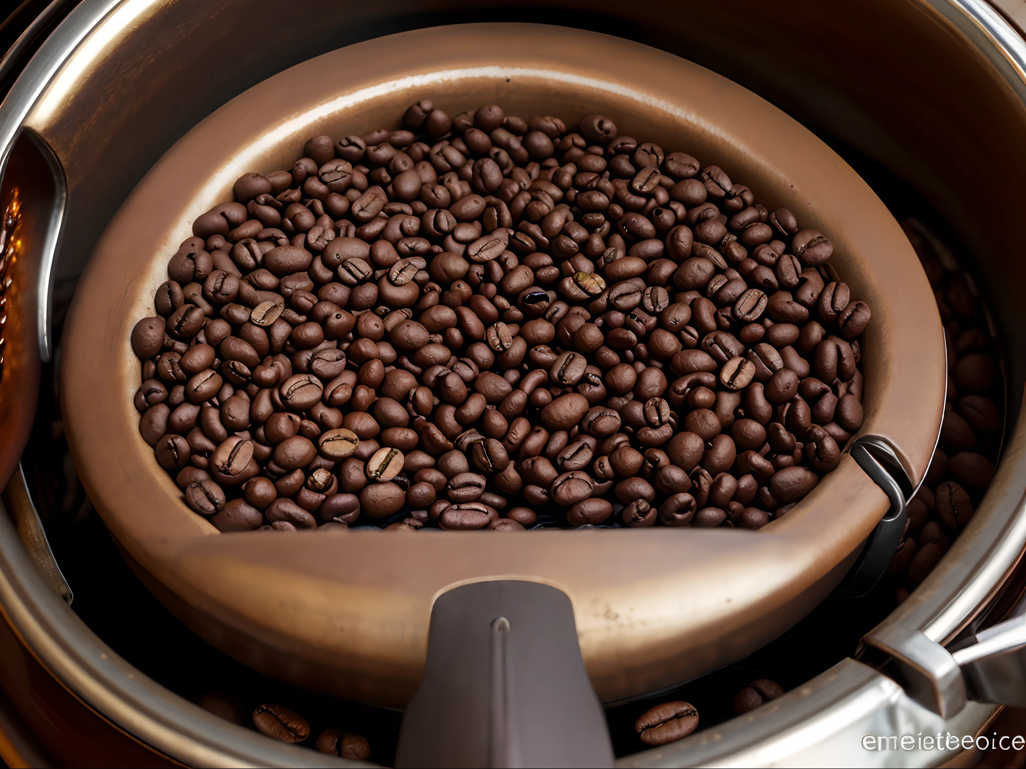 Roasting Coffee Beans: Rich brown beans tumbling in a roaster, emitting aromatic steam.