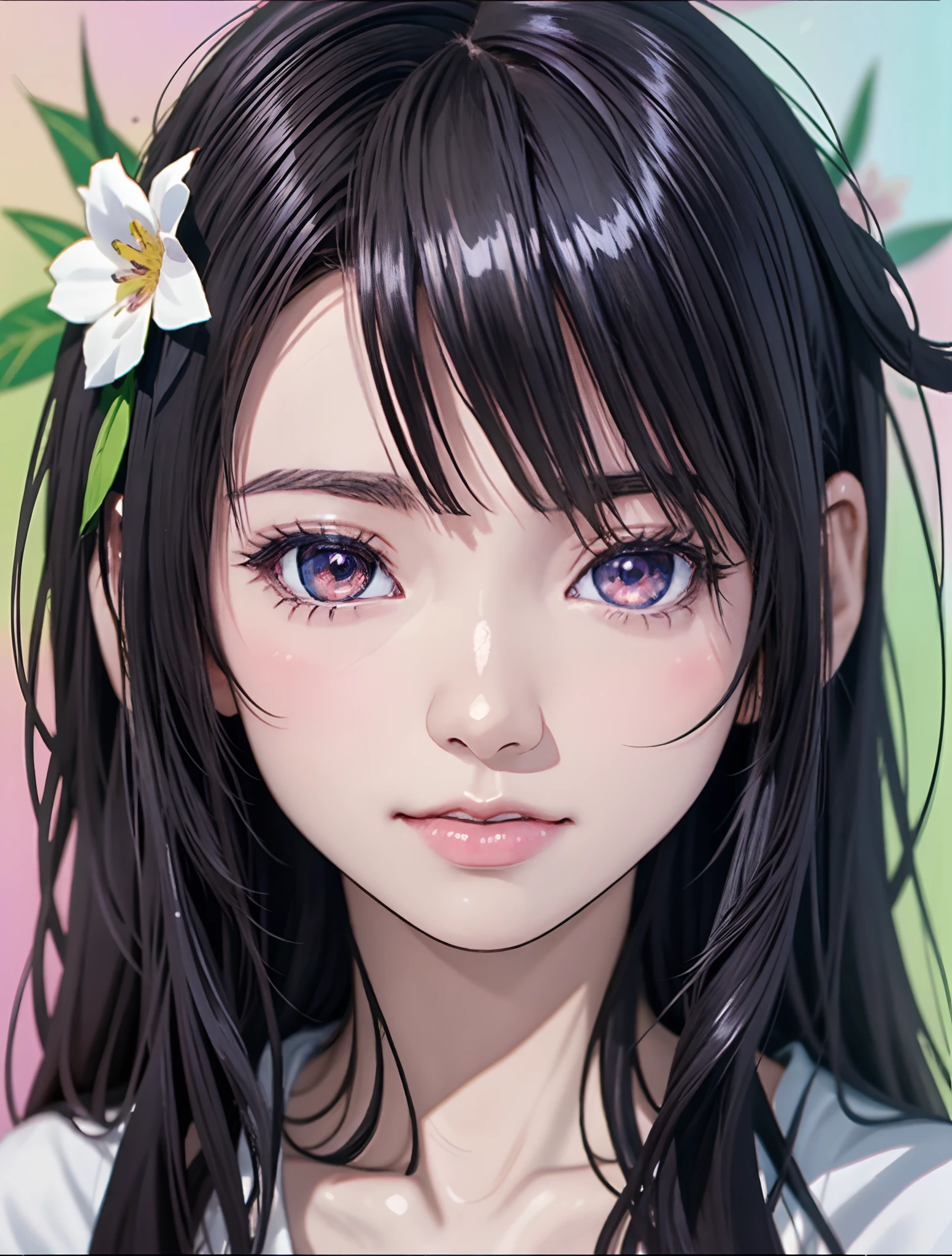 Anime girl with long black hair in white shirt and flower crown, Beautiful Anime Portrait, Stunning anime face portrait, Beautiful anime girl, kawaii realistic portrait, detailed portrait of an anime girl, Portrait Anime Girl, realistic anime 3 d style, realistic young anime girl, Realistic anime art style, young anime girl, Anime Realism Style, Realistic anime art style