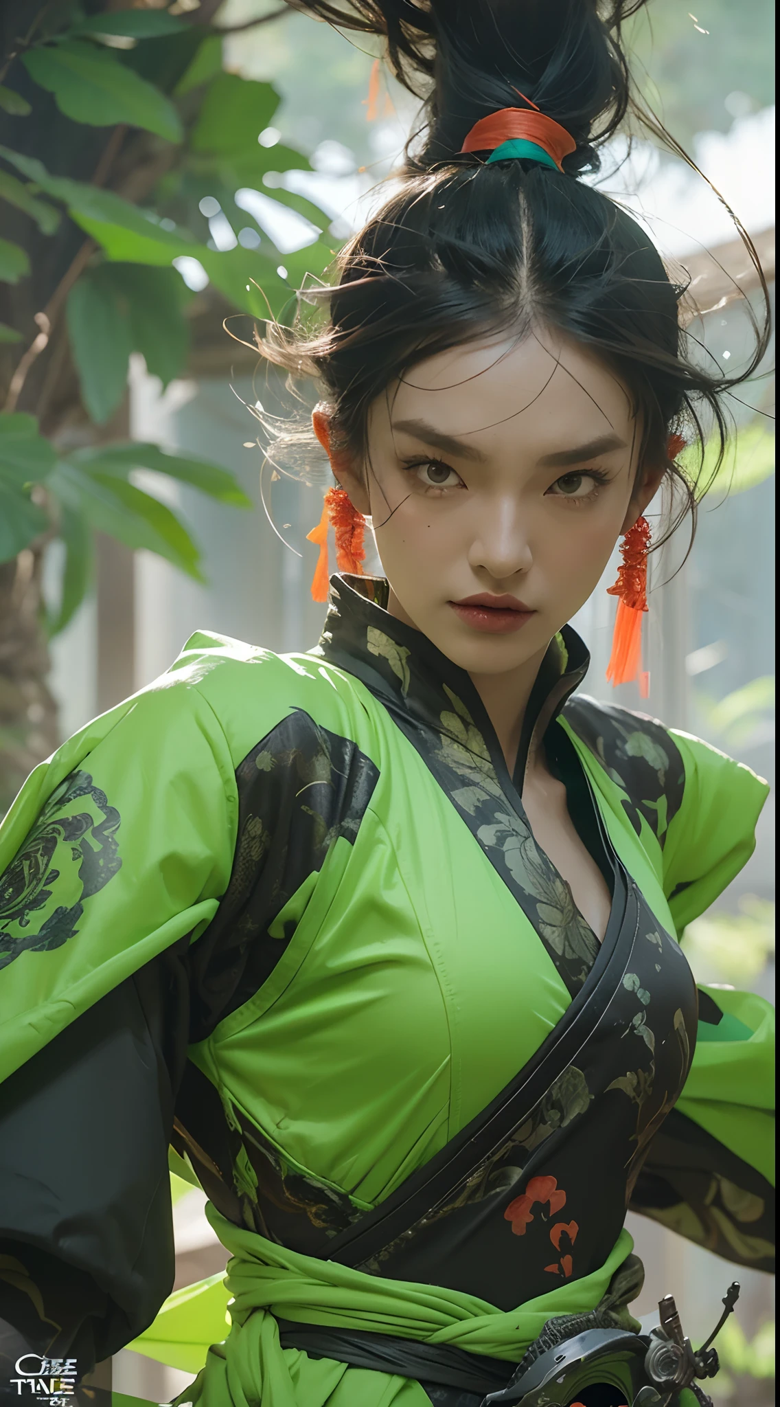 Green background,A look of determination,Flying hair,colorful vivid octane render, cybernetic and highly detailed, loba andrade from apex legends, created in unreal engine 5, made in unreal engine 5, trending on unreal engine 5, Antique portraits, Martial arts fantasy style 8k octane rendering, rendered in unreal 5, rendered in high octane