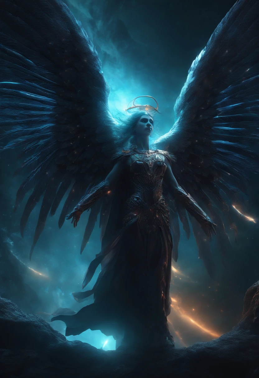 Cosmic Fallen Angel, glowing light eyes, Biomechanical, eerie, Creepy, nightmarish, Very bright colors, Light particles, with light glowing, Mshiff, wallpaper art, UHD wallpaper