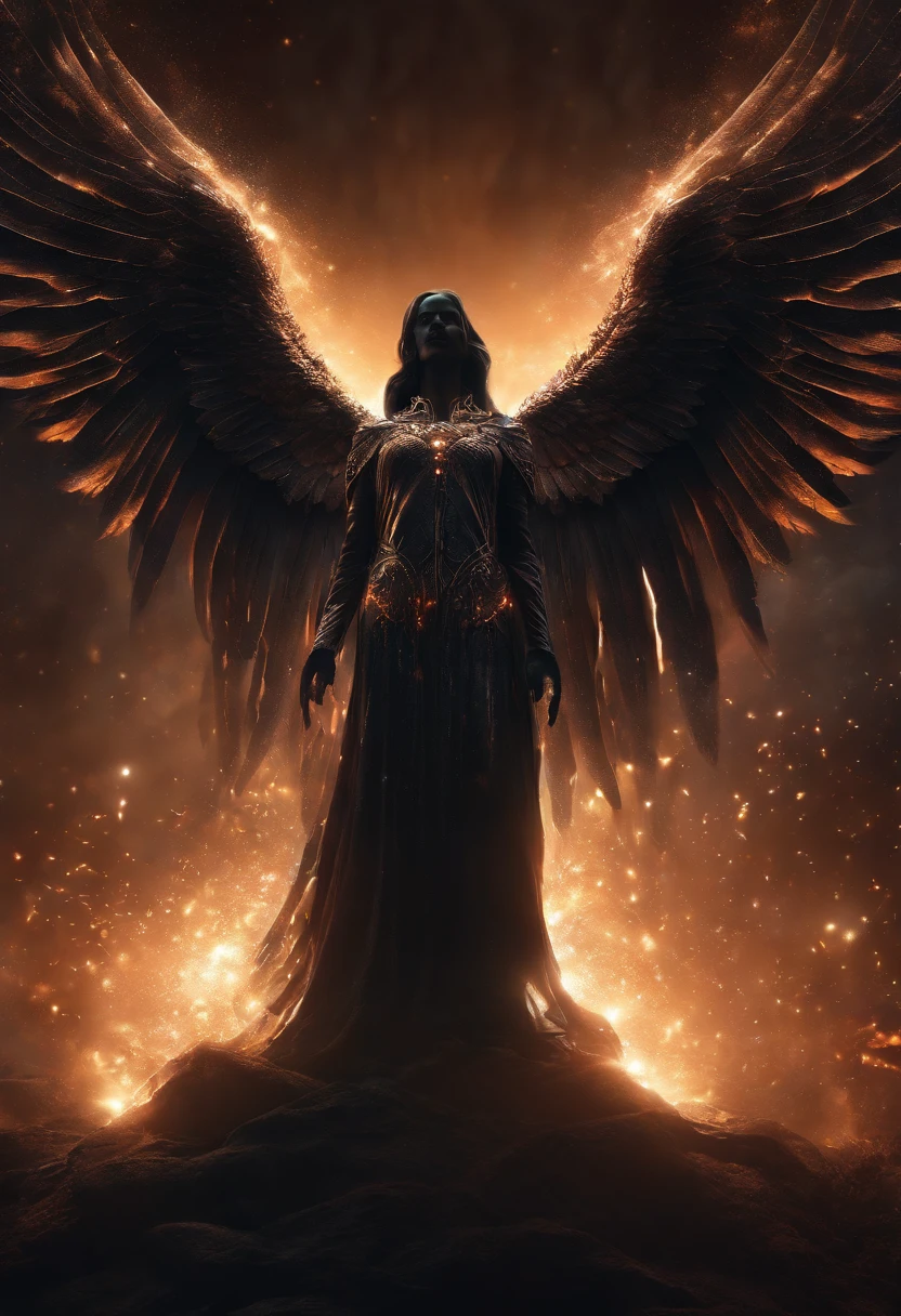 Cosmic Fallen Angel, glowing light eyes, Biomechanical, eerie, Creepy, nightmarish, Very bright colors, Light particles, with light glowing, Mshiff, wallpaper art, UHD wallpaper