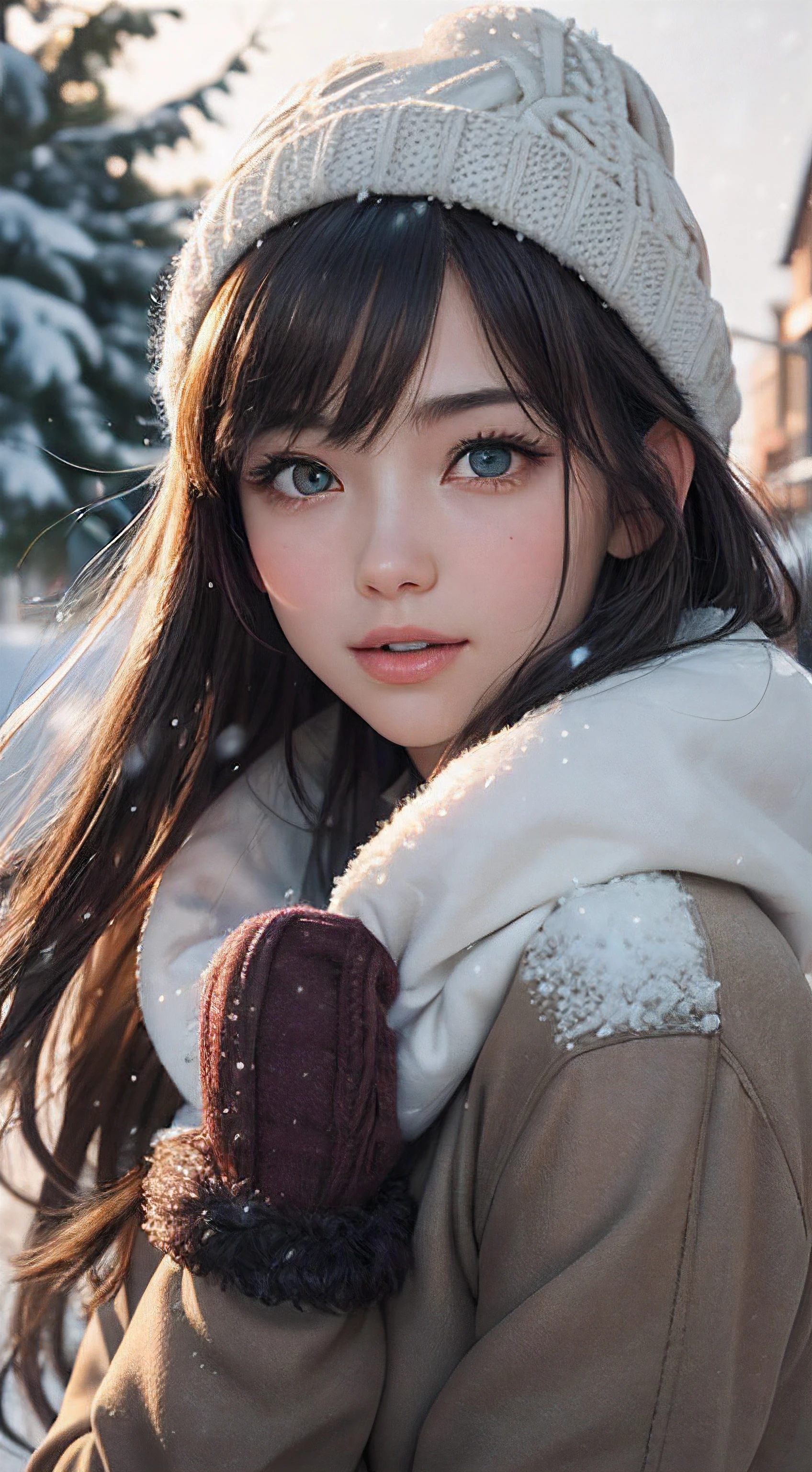 ((masterpiece, best quality, highres, UHD, perfect pixel, depth of field, 4k, RTX, HDR)), 1girl, single, solo, 24 years old, beautiful anime girl, beautiful artstyle, anime character, ((long hair, parted bangs, brown hair)), (green eyes:1.4, rounded eyes, beautiful eyelashes, realistic eyes), (detailed face, blushing:1.2), (smooth texture:0.75, realistic texture:0.65, photorealistic:1.2, cinematic, anime CG style), medium breasts,  perfect body, busty, (dynamic angle, pov, close up), ((winter clothes, long coats, mittens, gloves, long underwear)), night, night lamp, city lights, bokeh:1.4, (outdoor, city buildings, crowd), ((winter, snow, snow crystal, winter pine trees)), sly smile, open mouth