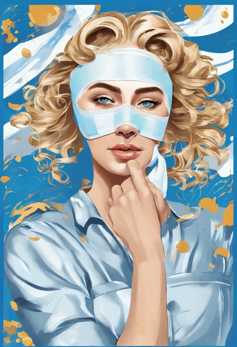 A scene of a blonde haired woman applying a face mask is shown,The female stands sideways,Hold the mask with both hands,The background is a blue-white splash。