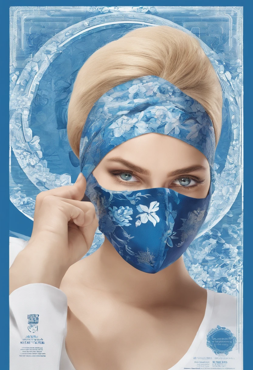 A scene of a blonde haired woman applying a face mask is shown,The female stands sideways,Hold the mask with both hands,The background is a blue-white splash。