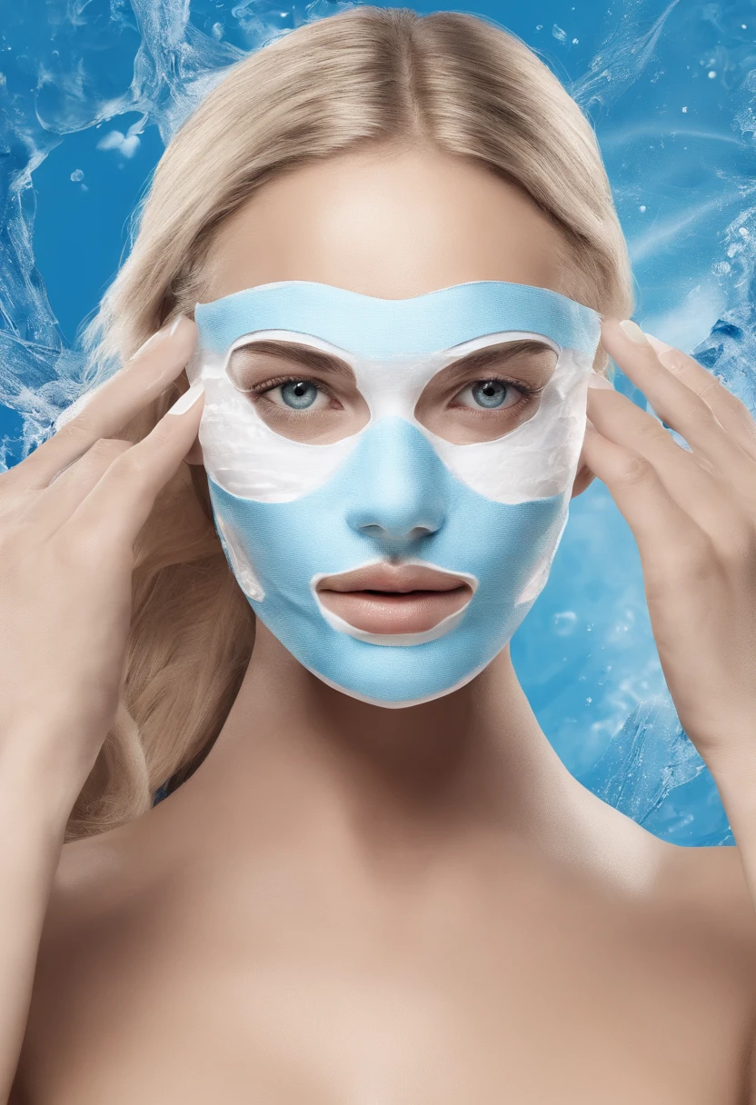 A scene of a blonde haired woman applying a face mask is shown，The female stands sideways，Hold the mask with both hands，The background is a blue-white splash。
