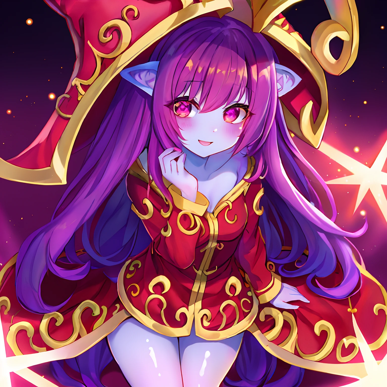 cuarto, Lulu (League of Legends), 1girl, Orejas de animales, sonrojarse, thighs, purple skin, mediumbreasts, shiny skin, agarrar, cuerpo completo, ojos rojos, feliz, sombrero, League of Legends, boca abierta, purple hair, pelo entre los ojos, Reflejos rojos, Orejas puntiagudas, smil, solamente, rayado, bruja tiene, yordle