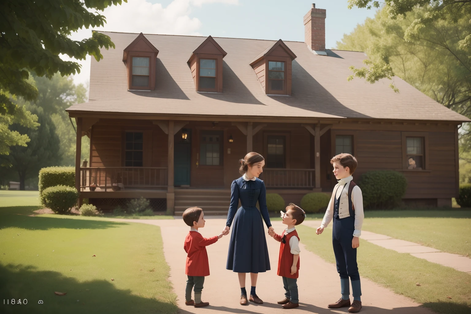 year: 1849. Location: Rock Island, Illinois. Pre-Raphaelite scene with a 31-year-old Richard Madden and Dakota Fanning, talking to their little ((6-year-old son, boy)), family, hands on his shoulders, outdoors, in front of a house ((((Clothing from the 1840s)))) ((Hairstyle of the 1840s)), ((("OMITB" cinematography)))
