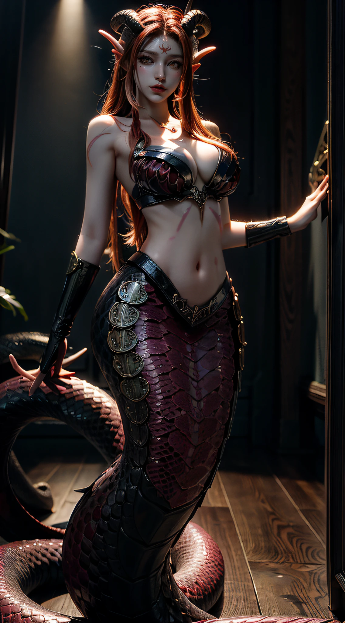 Masterpiece，best qualtiy，RAW photos，A high resolution，art by apterus. queen of demons,horns on head, Medusa:1.3，（mermaids:1.2），（Elongated snake tail:1.3），very pretty, Sensual, voluptuous,Large chest and thin waist, Red long-haired, piercing black eyes,Standing tall,full bodyesbian，The lighting is dim (ohwx |)，ultraclear，8K