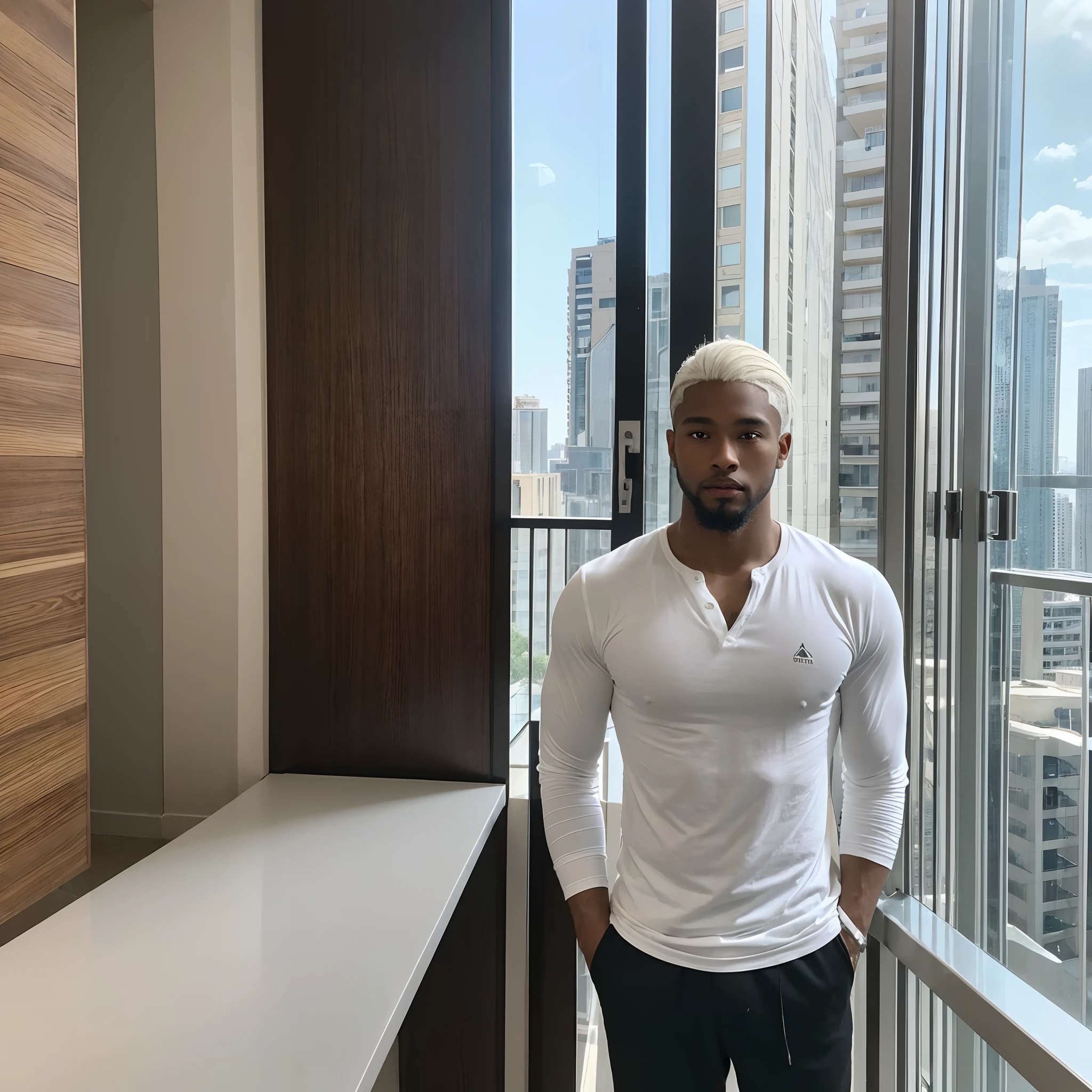 A Handsome 27 Yrs Old black male, young, American (African-American), dark skin tone. He has White hair, hair is white, platinum hair, pale hair. He is beardless, Eye Color is Brown, Athletic Body, Average Athletic Chest, standing, posing, casual wear, high rise apartment setting, glass walls, day time, photorealistic, very detailed
