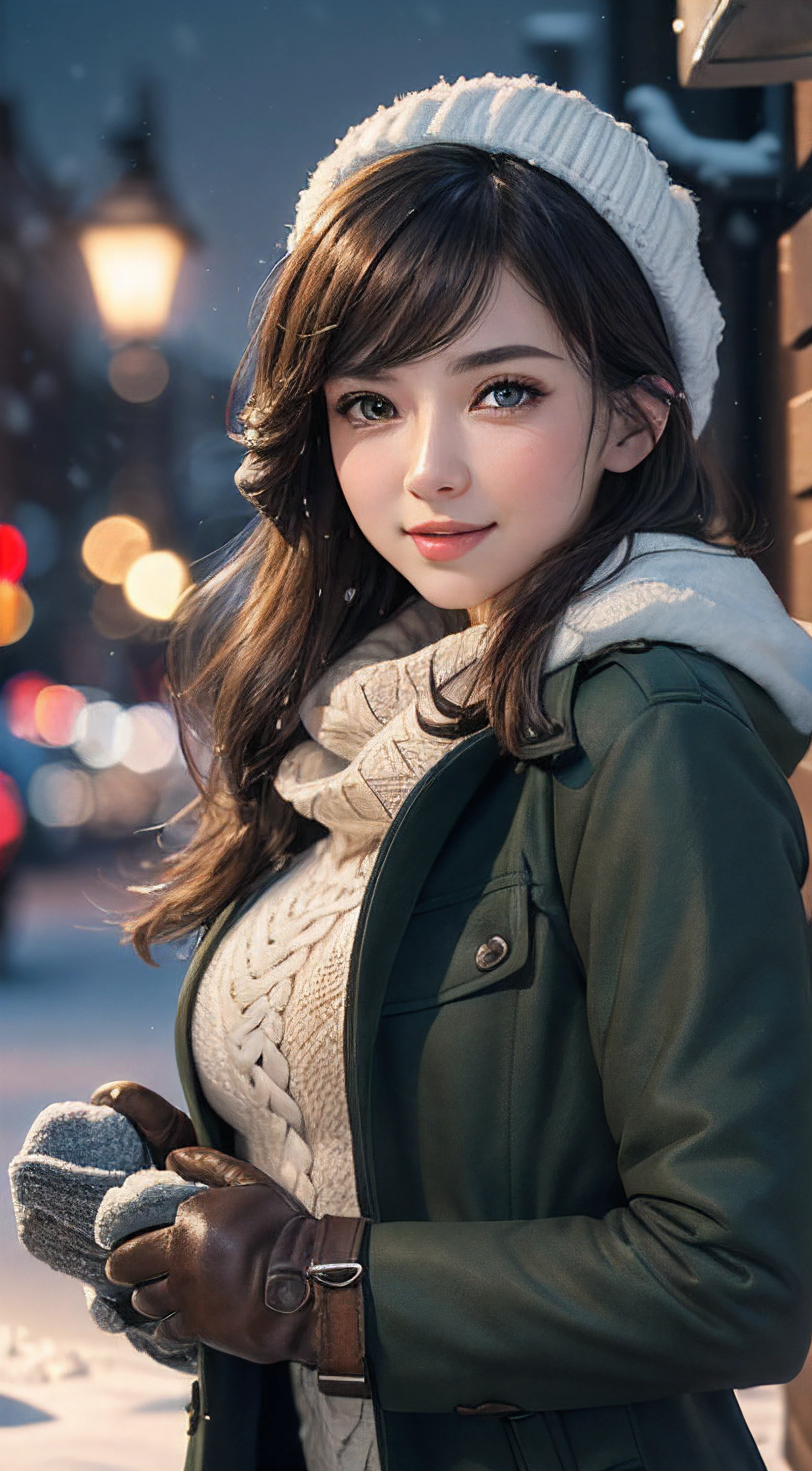 ((masterpiece, best quality, highres, UHD, perfect pixel, depth of field, 4k, RTX, HDR)), 1girl, single, solo, 24 years old, ((long hair, parted bangs, brown hair)), (green eyes:1.4, rounded eyes, beautiful eyelashes, realistic eyes), (detailed face, blushing:1.2), (smooth texture:0.75, realistic texture:0.65, photorealistic:1.2, cinematic, CG style), medium breasts,  perfect body, busty, (dynamic angle, pov, close up), ((winter clothes, long coats, mittens, gloves, long underwear)), night, night lamp, city lights, bokeh:1.4, (outdoor, city buildings, crowd), ((winter, snow, snow crystal, winter pine trees)), sly smile, open mouth