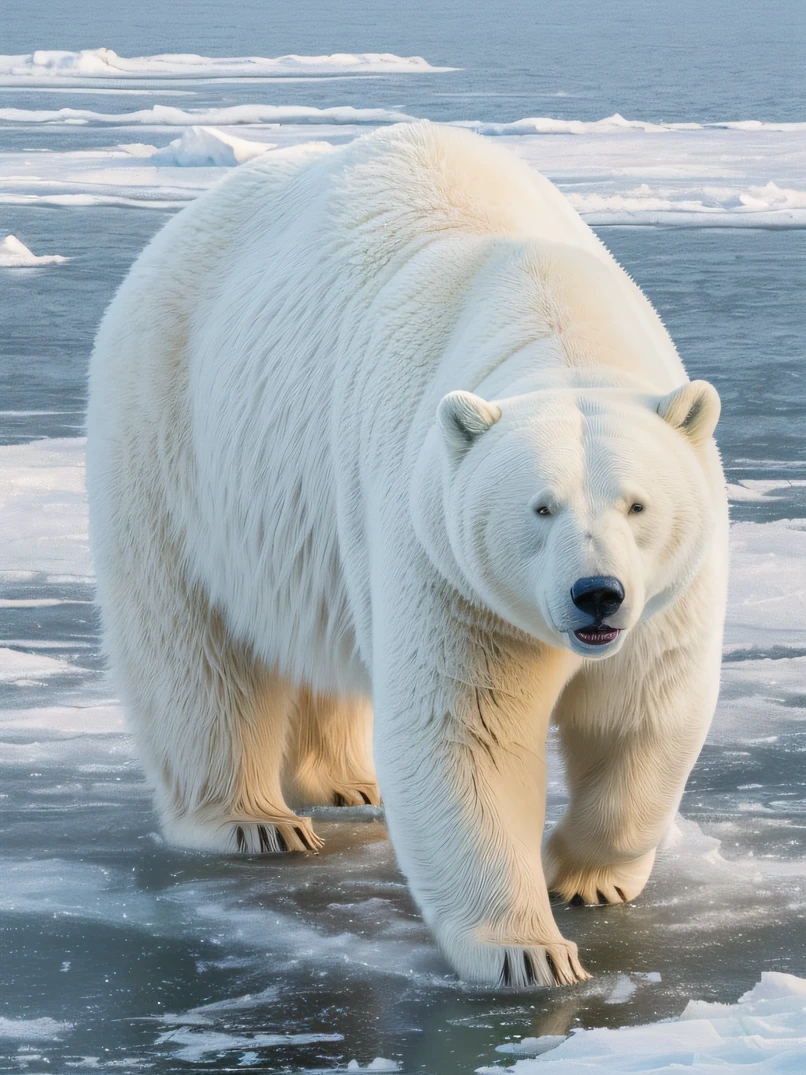 ((hightquality、hight resolution、​masterpiece、ultra-quality、ultra-detailliert、a picture、Photorealsitic、foco nítido、photographrealistic、Raw photography))、High brightness、Giant white polar bear、A white bear with a beautiful coat、at noon、On the ice floes