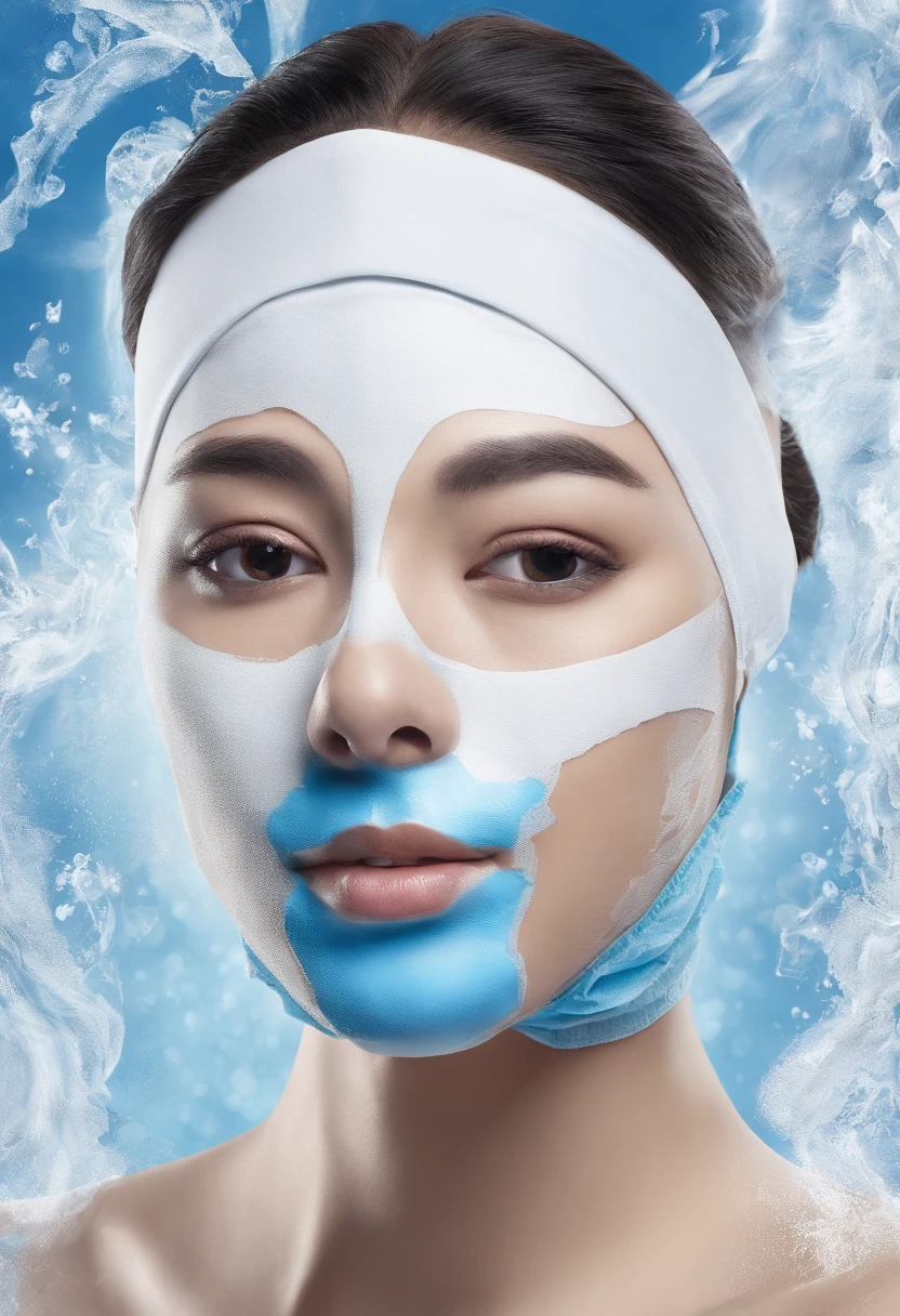 A scene of a young woman applying a face mask is shown,The female stands sideways,Hold the mask with both hands,The background is a blue-white splash。