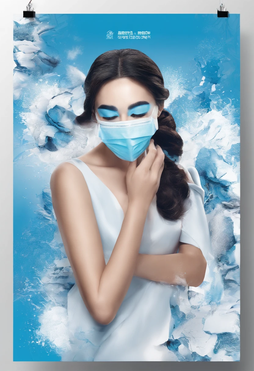 A scene of a young woman applying a face mask is shown，The female stands sideways，Hold the mask with both hands，The background is a blue-white splash。