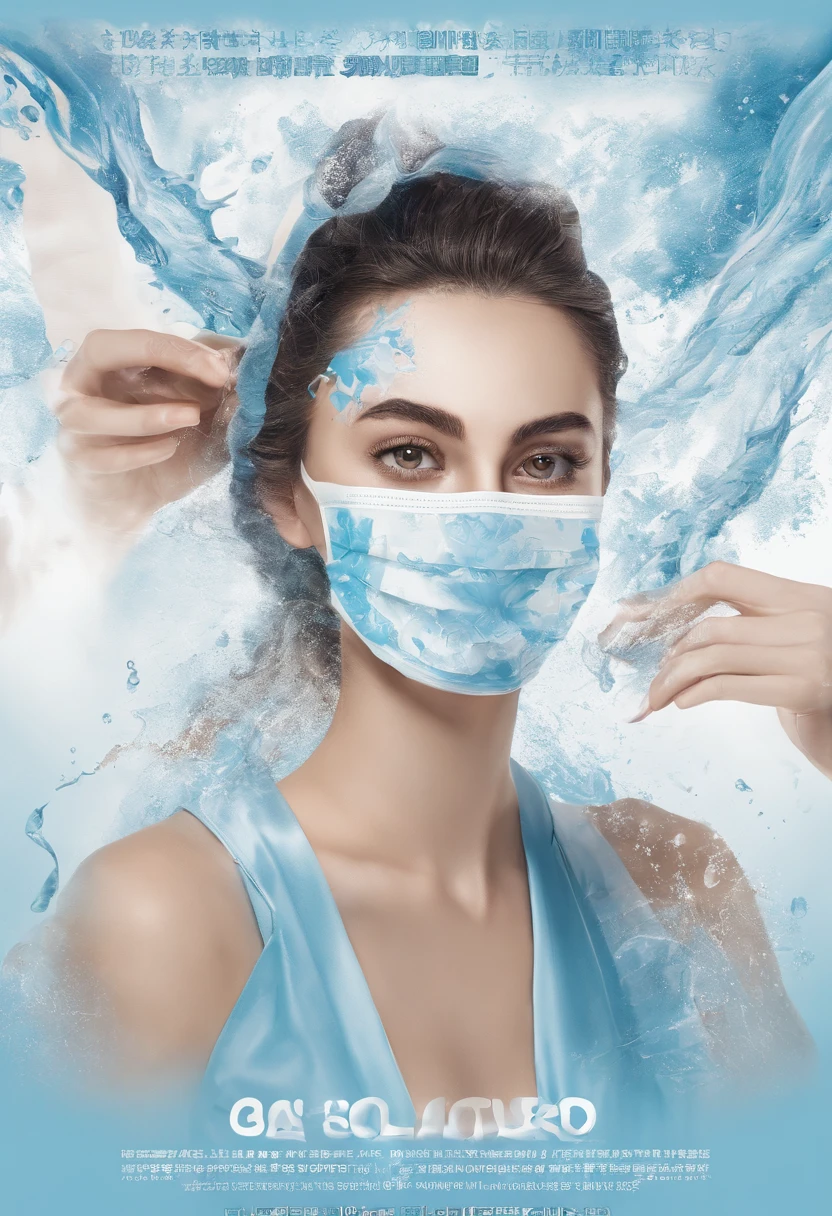 A scene of a young woman applying a face mask is shown，The female stands sideways，Hold the mask with both hands，The background is a blue-white splash。