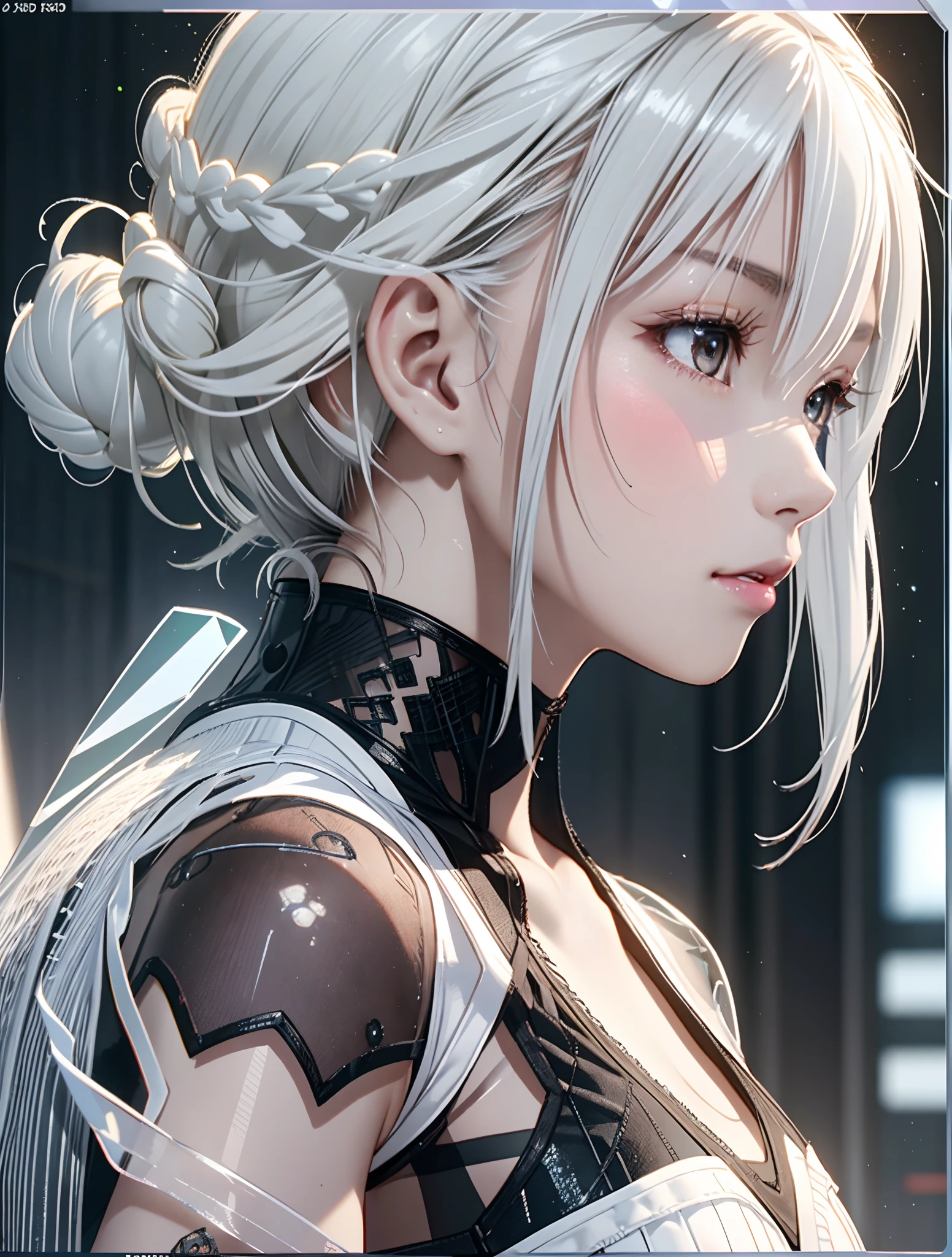 Highest Quality,perfect masterpiece,Perfect Artwork,Formula works,8K,, (Upper body portrait:1.3),((Seen from the side:1.5)),close-up lenses,Delicate face,, 17 years old,white-haired girl,(hakuhatsu:1.5),Short and medium hair,((White transparent eyes:1.5)),(White Dress:1.2),(Transparent clothing:1.2),(Black background:1.3),, Pearl Illusion,Cyberpunk,fashion trend,3S Material,hight resolution,Detailed expression,C4D,。.3D,Octane Rendering,Ray tracing,intricate-detail,Animated Lighting,Okrenderer,