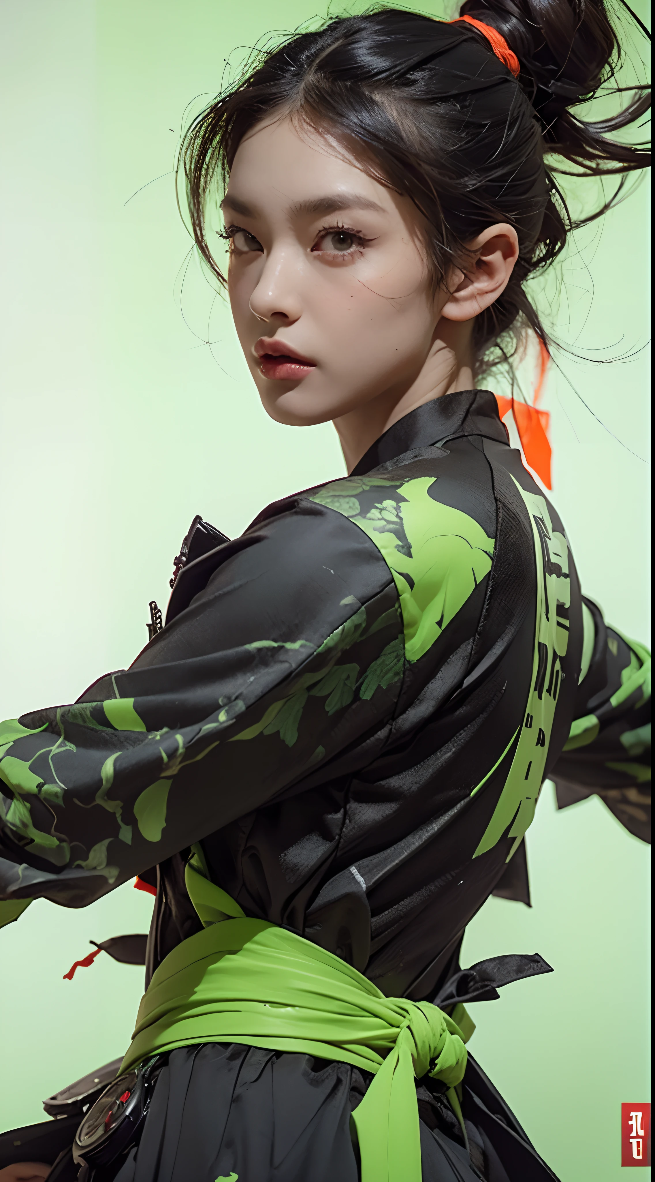 Green background,A look of determination,colorful vivid octane render, cybernetic and highly detailed, loba andrade from apex legends, created in unreal engine 5, made in unreal engine 5, trending on unreal engine 5, Antique portraits, Martial arts fantasy style 8k octane rendering, rendered in unreal 5, rendered in high octane