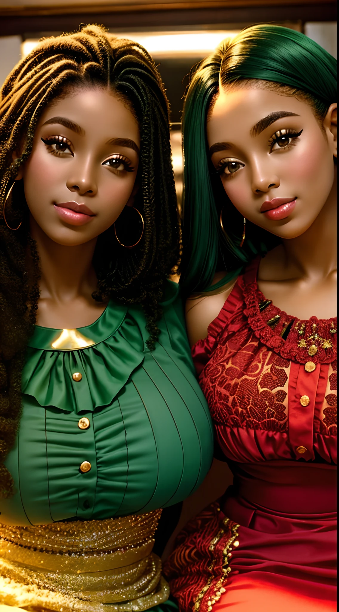 2 s afro-americanas de vestido vermelho,(cabelo cacheado verde)