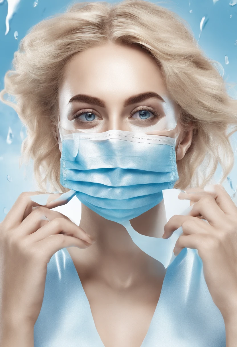 A scene of a blonde haired woman applying a face mask is shown，The female stands sideways，Hold your hands on your cheeks，The background is a blue-white splash。