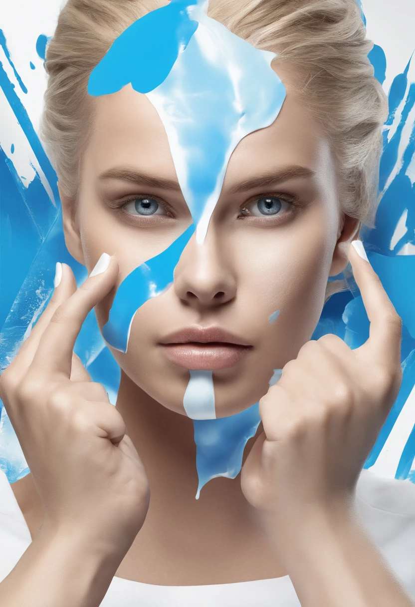 A scene of a blonde haired woman applying a face mask is shown,The female stands sideways,Hold your hands on your cheeks,The background is a blue-white splash。