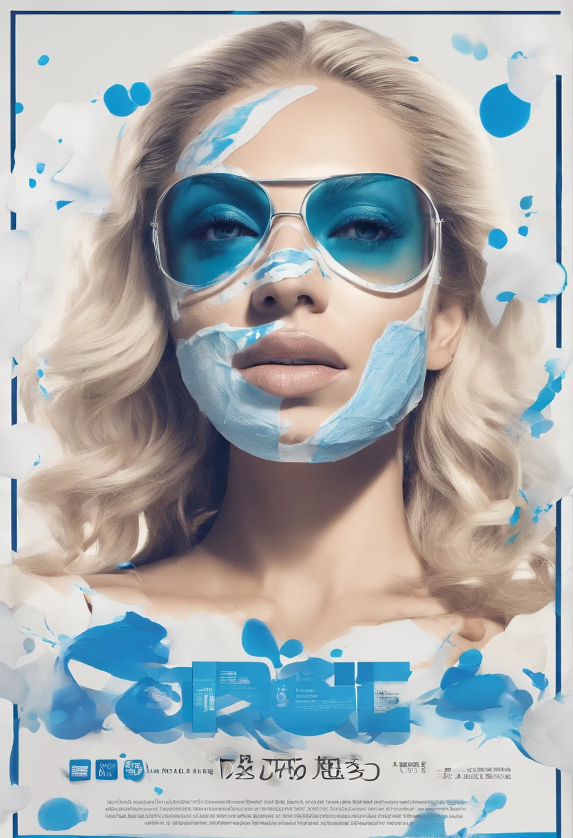 A scene of a blonde haired woman applying a face mask is shown,The female stands sideways,Hold your hands on your cheeks,The background is a blue-white splash。