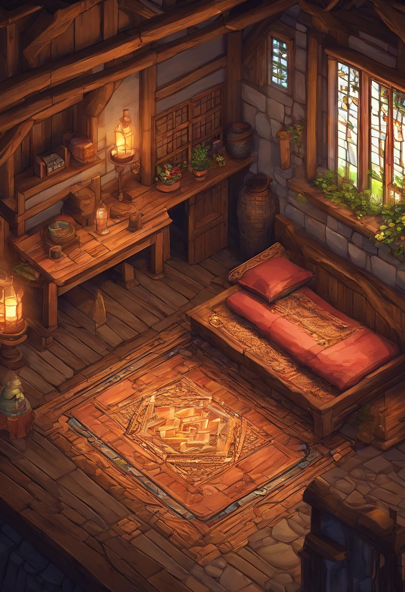 inside medieval cottage , fantasy medieval ,A little dark,Inside druid's cottage ,Low amount of light,((Pixal style))、Makoto, mezzanine