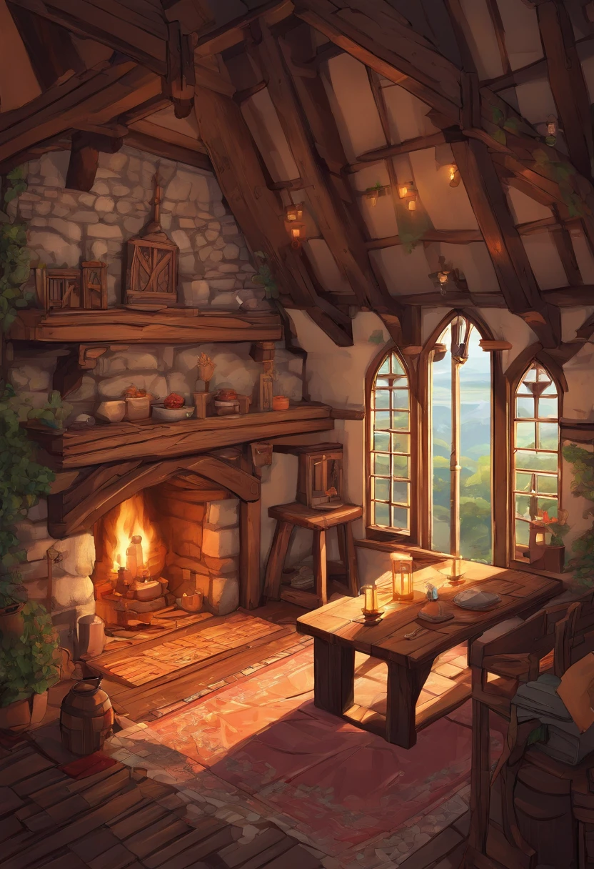 inside medieval cottage , fantasy medieval ,A little dark,Inside druid's cottage ,Low amount of light,((Pixal style))、Makoto, mezzanine