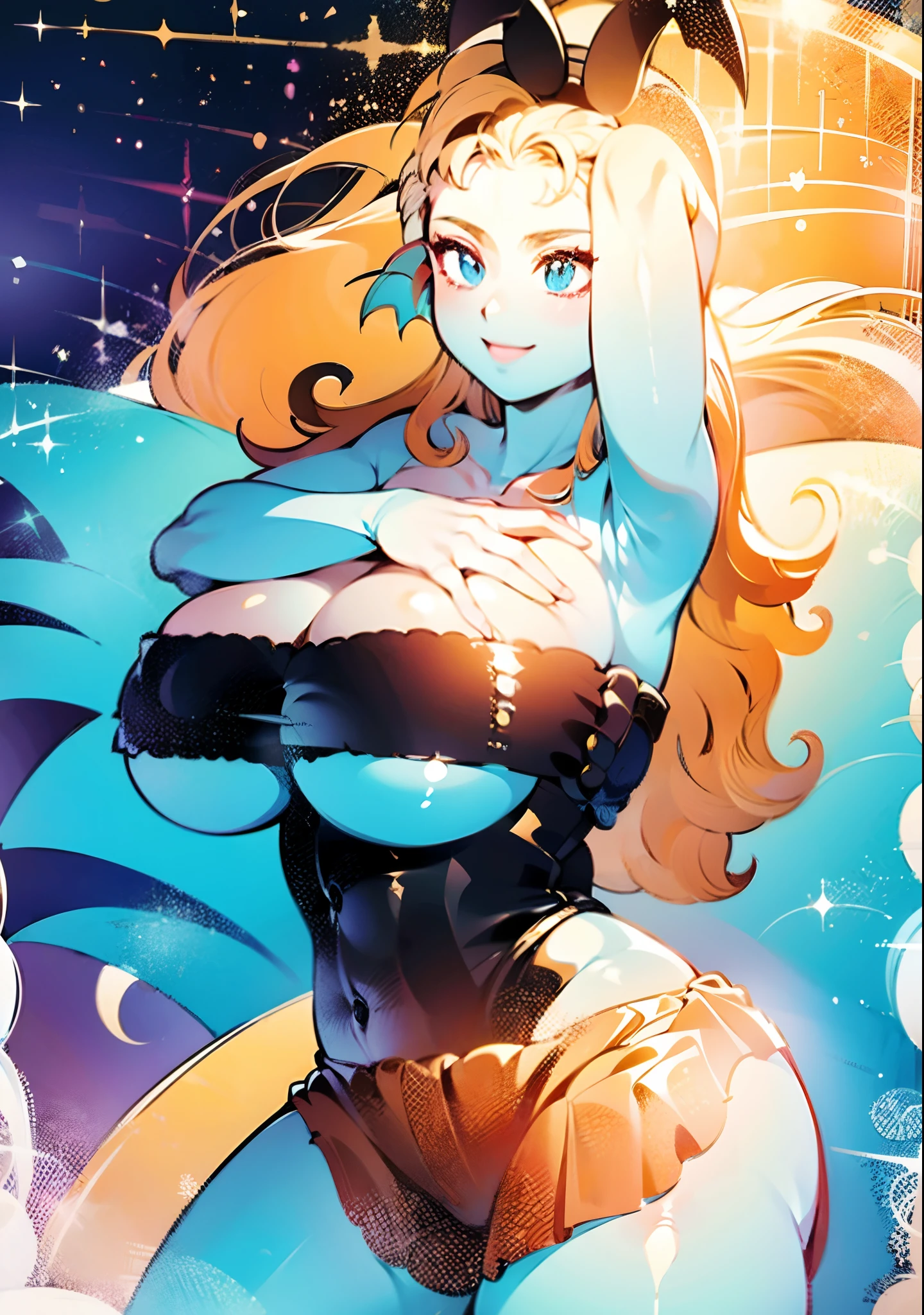 8K, high definition, married, beautiful, beautiful, bright, eye highlights, sexy, erotic, beautiful line drawing, light blue skin, blue and orange gradient ear fins, bunny girl, bunny suit, net tights on legs,