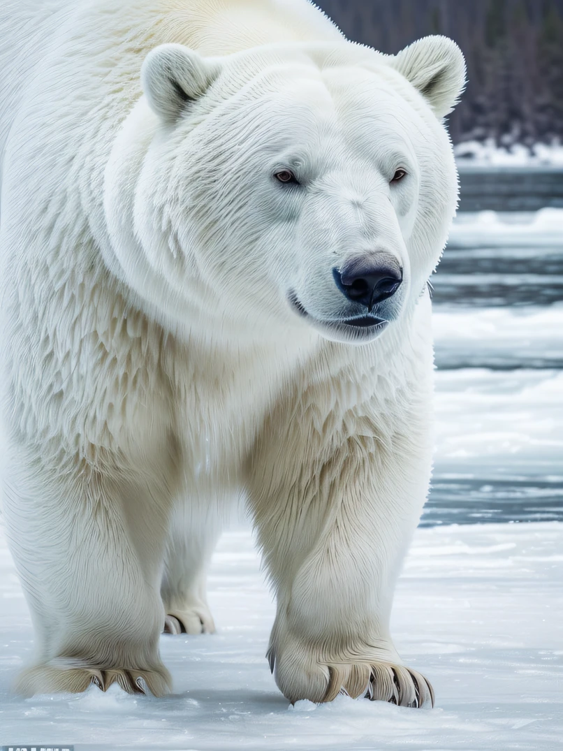 ((hightquality、hight resolution、masterpiece、ultra-quality、ultra-detailliert、a picture、Photorealsitic、foco nítido、photographrealistic、Raw photography))、High brightness、close-up shooting、Giant white polar bear、A white bear with a beautiful coat、at noon、On the ice floes