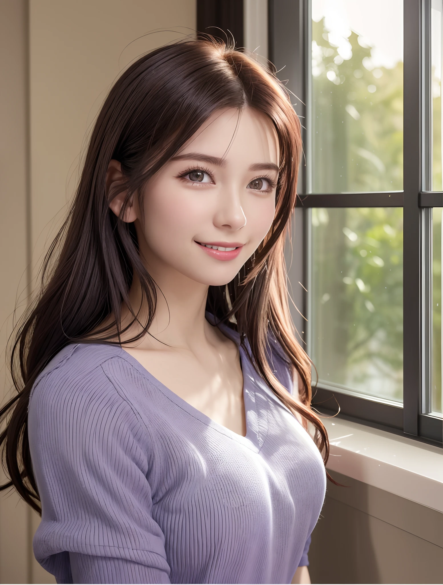 (Higher resolution, Distinct_image) best qualtiy, femele, masutepiece, Highly detailed, semi - realistic, 21 years old, Beautiful, 年轻, Handsome, T-shirt, Lilac Shirt Pull, collar on neck, interiors, Modern room, window, Awaken, morning, blush, Smiling