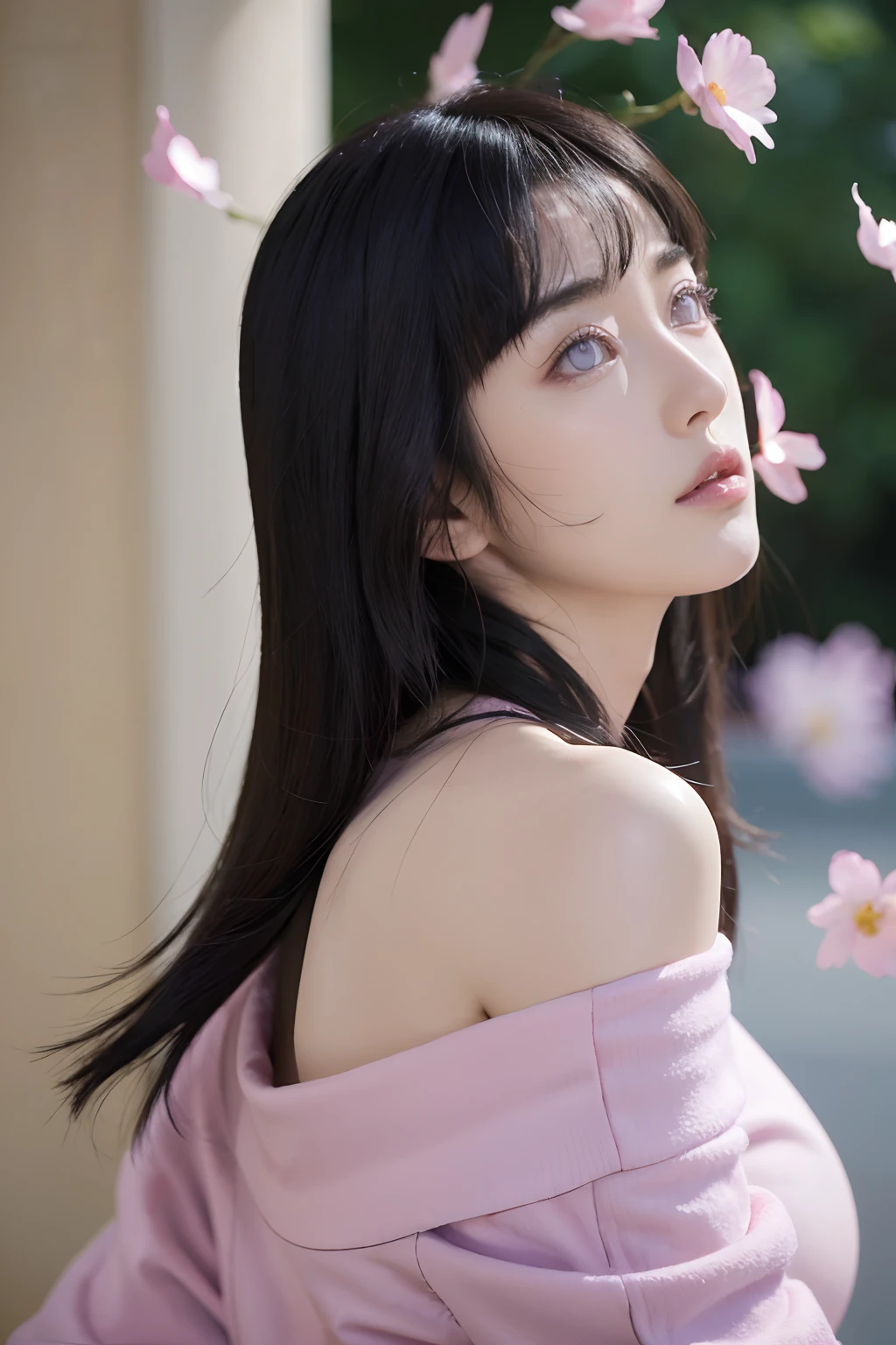Masterpiece, absurderes, Hinata\(Boruto\), 1girll, Solo,Mature female, Off-the-shoulder oversized shirt, view the viewer, (Falling petals), Perfectcomposition, Detailed lips, big breast, Beautiful face, body propotion, Blush, (Pink lips), Long hair, Purple eyes, Soft gaze, Super realistic, Detailed, photoshoot, Realistick faces and bodies, Side view