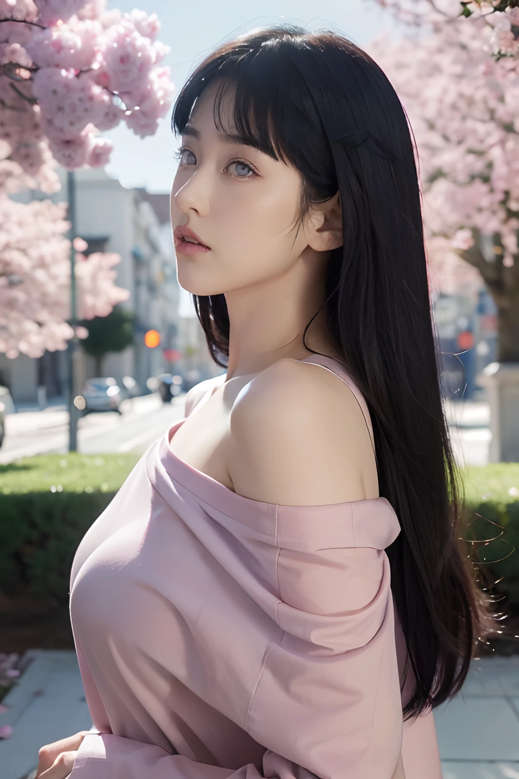 Masterpiece, absurderes, Hinata\(Boruto\), 1girll, Solo,Mature female, Off-the-shoulder oversized shirt, view the viewer, (Falling petals), Perfectcomposition, Detailed lips, big breast, Beautiful face, body propotion, Blush, (Pink lips), Long hair, Purple eyes, Soft gaze, Super realistic, Detailed, photoshoot, Realistick faces and bodies, Side view