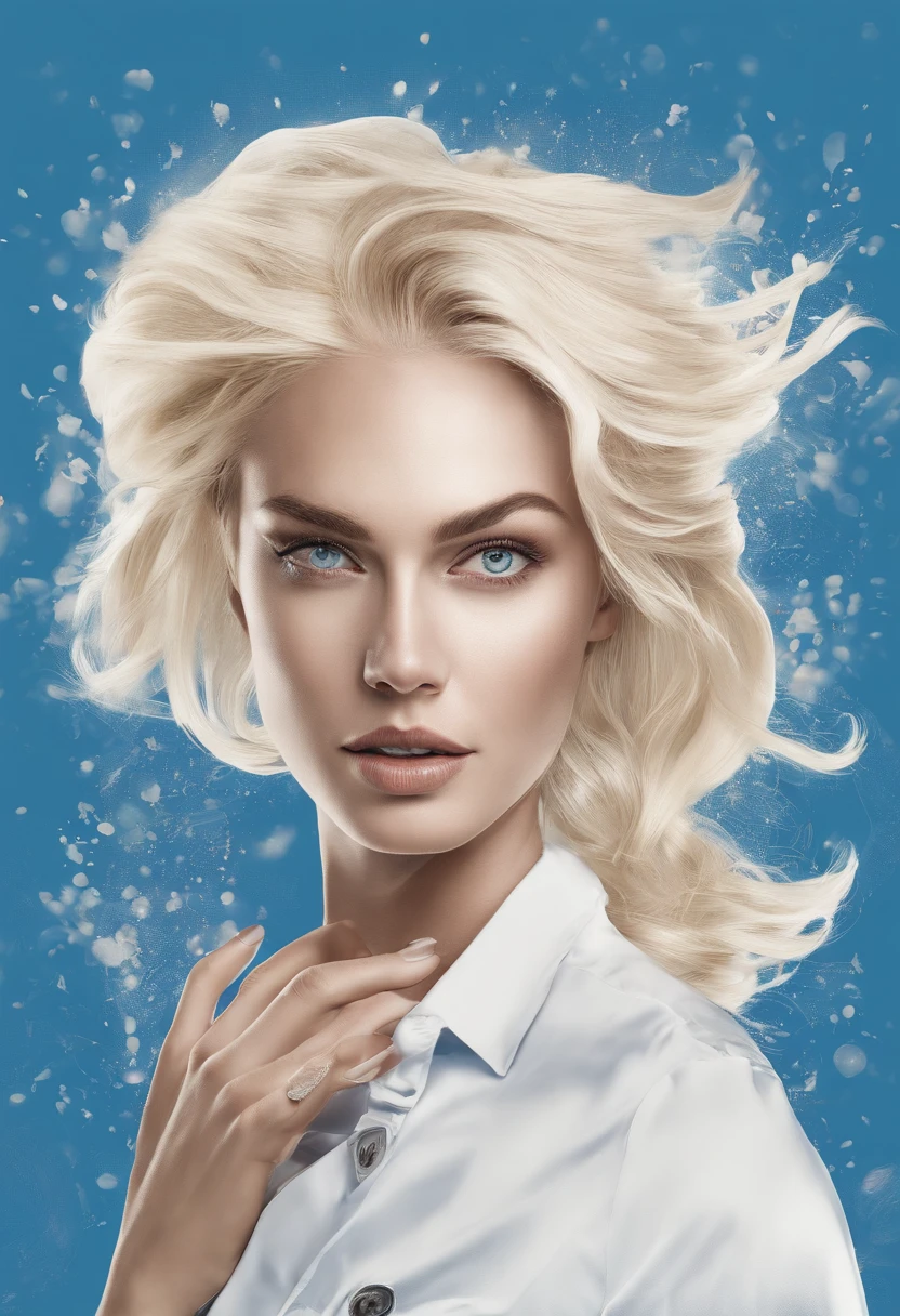 A scene of a woman with blonde hair is shown，The female stands sideways，Hold your hands on your cheeks，The background is a blue-white splash。