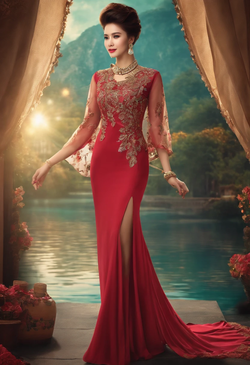 A woman who is，beauitful face，Blue pupil，Pink Long Hair，A gemstone necklace is worn around his neck，Wearing a low-cut evening gown，Hand holding a glass of champagne，Red low-cut evening dress，A starry sky，ellegance，Surreal art