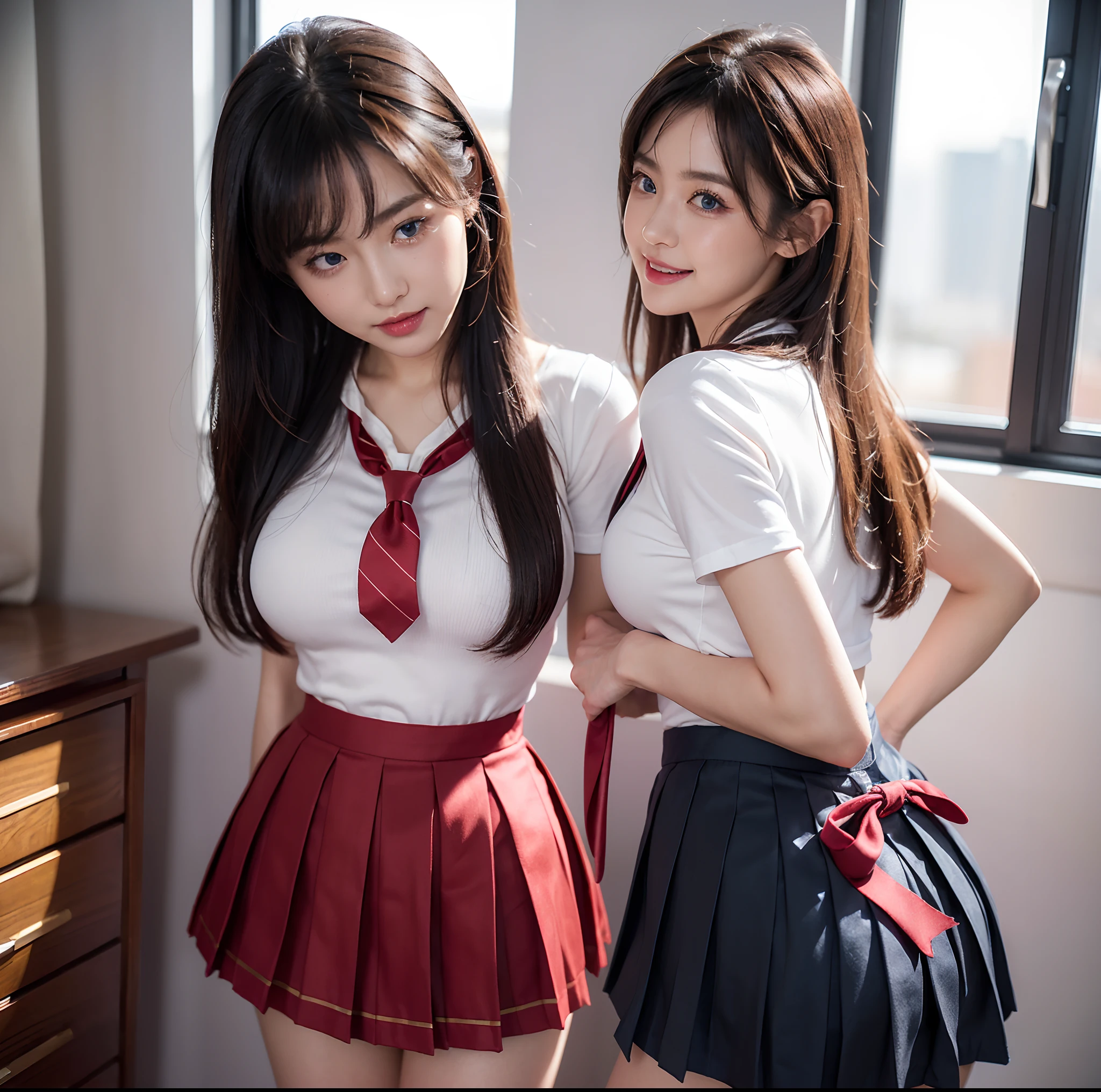 8K quality, Masterpiece, Bright lighting without shadows, Two busty women standing side by side, (Super big breasts compressed by clothes:1.2), Whitening skin, Sparkling Blue Eyes, Deep crimson sailor collar uniform, Pleated skirt, Above the knee, Skirtliftv1, (Booty stretched and highlighted by hands:1.2), A frontal shot that emphasizes her huge breasts, White panties, grabbing own ass, skirtlift, (Eyes slightly closed and mouth open), Breast Grab,