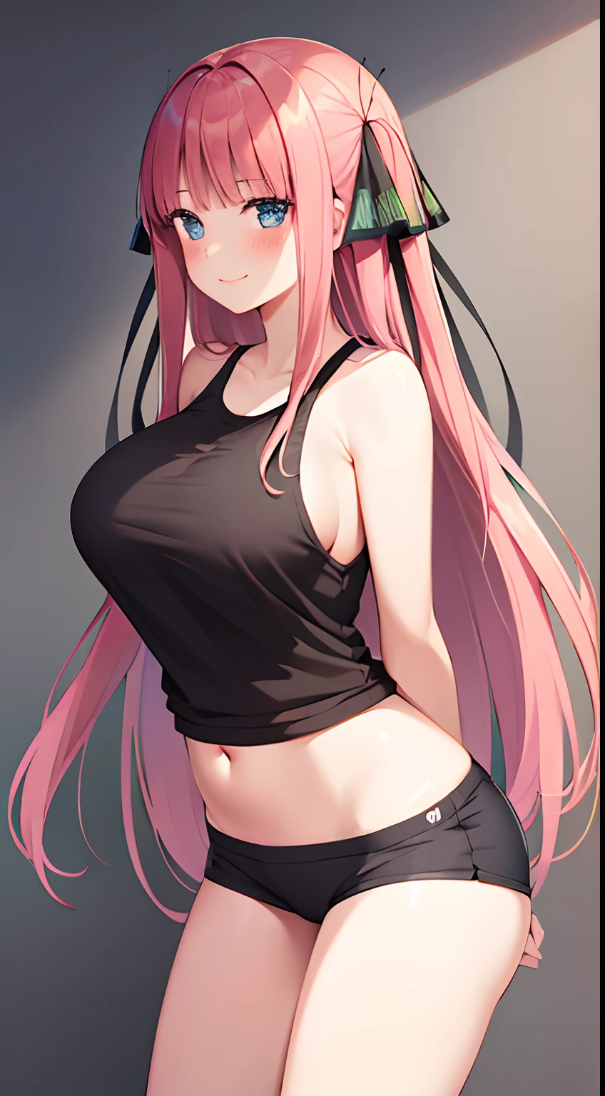 woman, slime girl, mature, solo, pink slime girl, pink skin, pink hair, hair bangs, long hair bangs, absurdly long hair, liquid hair, (yellow eyes, glowing eyes), slime substance, slime censor, tank top, black top, (naked shirt), sleeveless, navel, (bottomless), inexpressive, serious, jitome, looking at viewer, (hands on hips), black background, simple background, masterpiece, best quality, 4k
