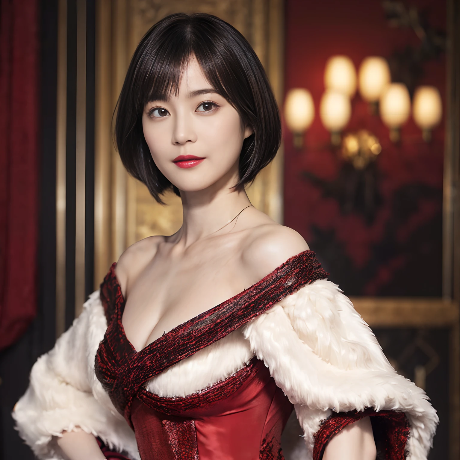 75
(20-year-old princess,is standing), (A hyper-realistic), (Masterpiece), ((short-hair:1.46)), (Smooth black hair), (breast:1.0), (kindly smile:0.9), (Luxurious dresses:1.46), Majestic palace, red lipsticks