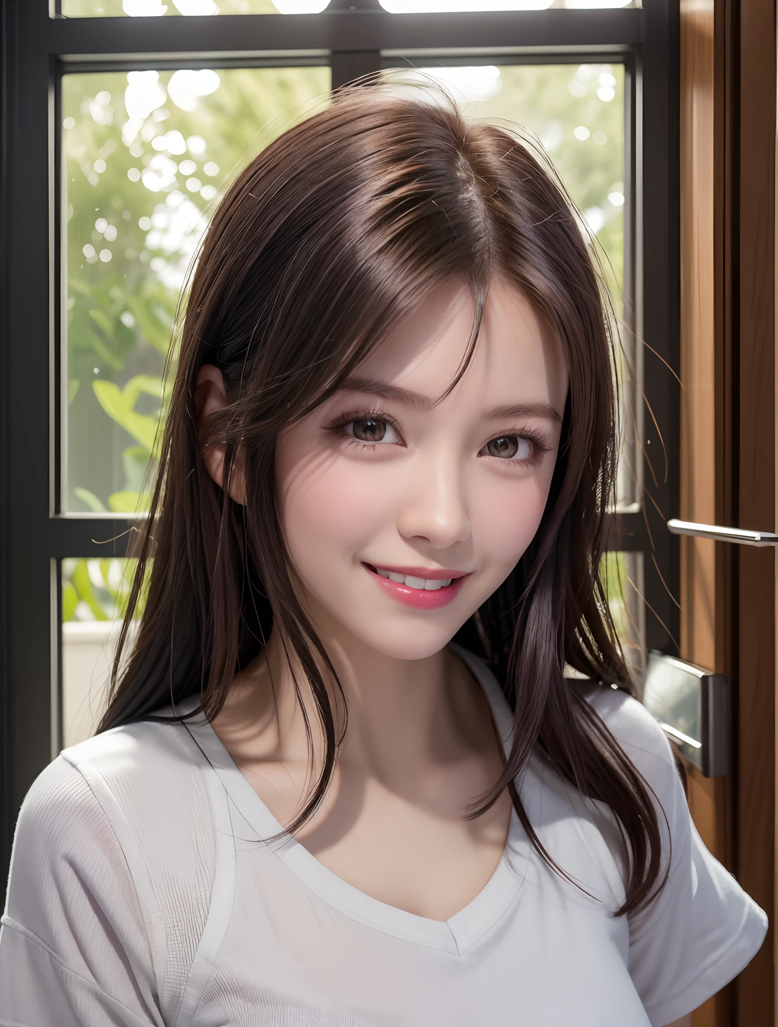 (Higher resolution, Distinct_image) best qualtiy, femele, masutepiece, Highly detailed, semi - realistic, 21 years old, Beautiful, 年轻, Handsome, T-shirt, Lilac Shirt Pull, collar on neck, interiors, Modern room, window, Awaken, morning, blush, Smiling