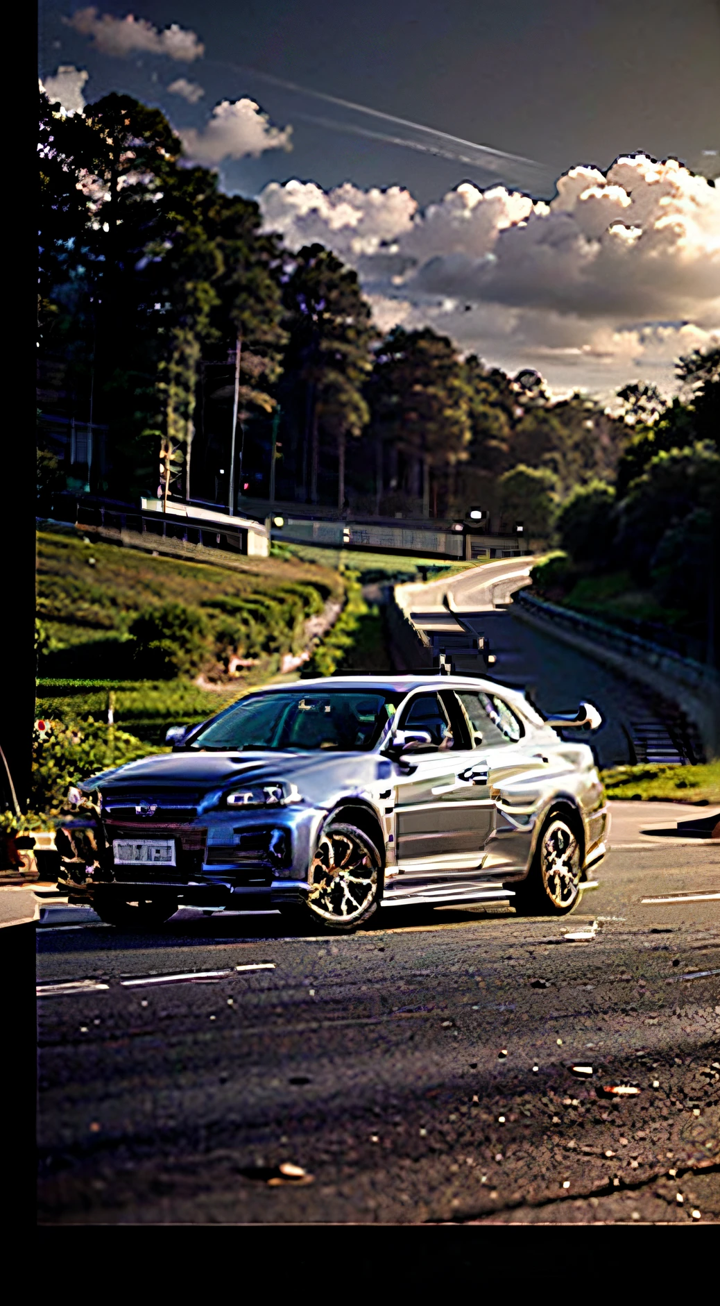 Alafi's gray car drives through a cloudy sky, Grey vehicle photography, shot on nikon z9, front profile shot, medium wide front shot, scenic full shot, a wide full shot, auto photography, front side full, Gray car,shot on a Canon EOS R5, shot on canon eos r 5, 🤬 🤮 💕 🎀