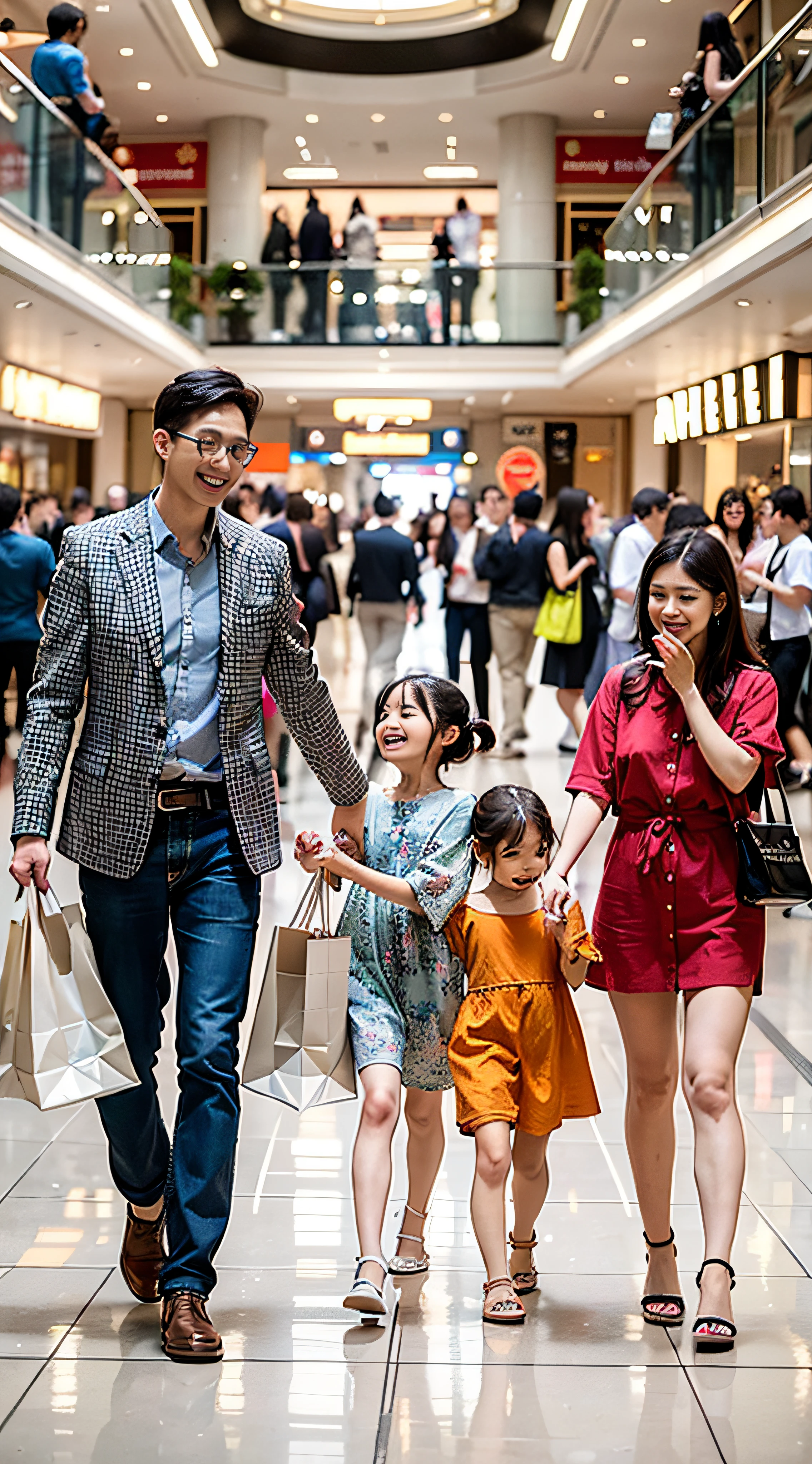 A family shopping at a mall, Busy shopping center, crowded shopping mall, Happy parents and children, Fashionable clothes, fashion accessor, Colorful shopping bags, Excited expressions, a joyful atmosphere, A vibrant shopping experience, Luxury stores, Bright lights, Stylish display windows, modern interior design, Wide aisles, Comfortable seating area, Trendy café, Bustling corridors, livelymusic, Professional customer service, Large escalators, shiny floors, beautiful ornaments, Shiny glass, high quality product, Diverse goods, Fashion brand, Designer label, Exclusive discounts, Special Promotions, Busy cash register, Long queues, Pleasant conversation, Shopping spree, Shopping bag in hand, Happy memories, Unforgettable moments, High-resolution artwork, realistic detail, Vibrant colors, Realistic textures, Soft shadows, Warm lighting, ingenious composition, creative perspective, dynamicposes, True emotions, Joyful laughter, Happy smile