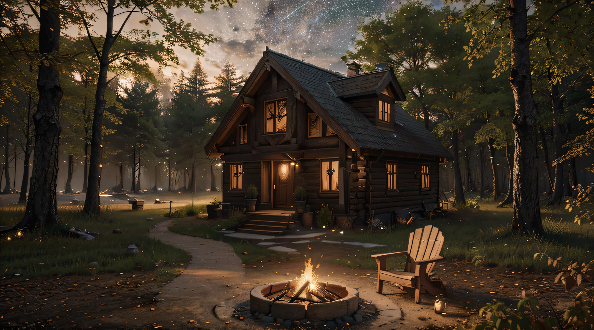 Arafed cabin in the woods with a fire pit and two chairs - SeaArt AI