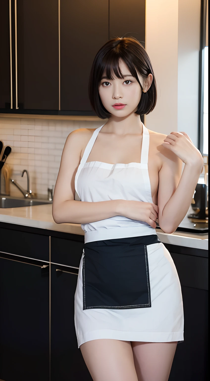 ((top-quality、8K、​masterpiece:1.3))、15yo girl、1 Beautiful Japan Girls、Beautiful woman with slender abs:1.3、Very short hair、(Black naked apron:1.3)、hyperdetailed face、A detailed eye、二重まぶた、Cafe Background、Slouched、Slouching posture、Chilarism、Forward leaning position、Female Panther Pose