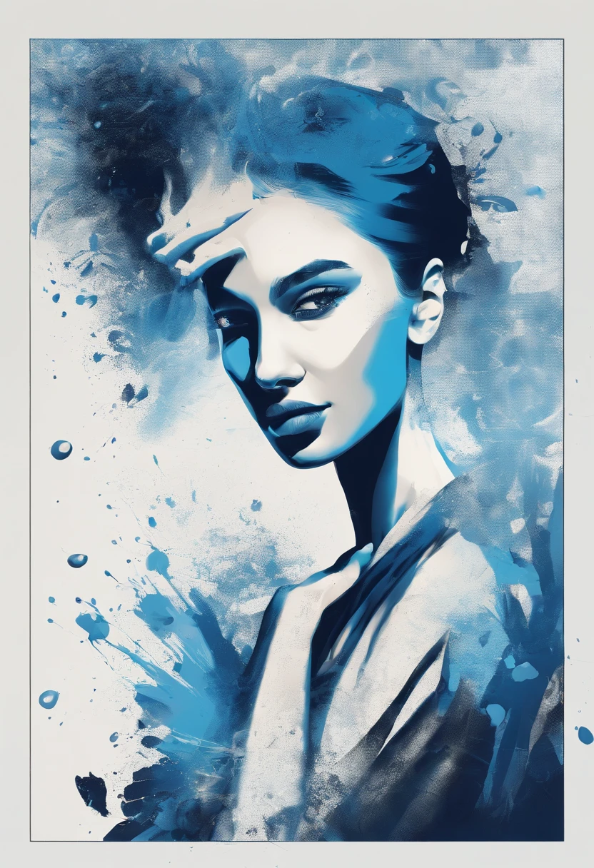 A scene of a young woman is shown,The female stands sideways,Hold your hands on your cheeks,The background is a blue-white splash