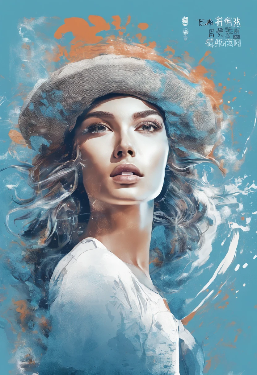 A scene of a young woman is shown,The female stands sideways,Hold your hands on your cheeks,The background is a blue-white splash
