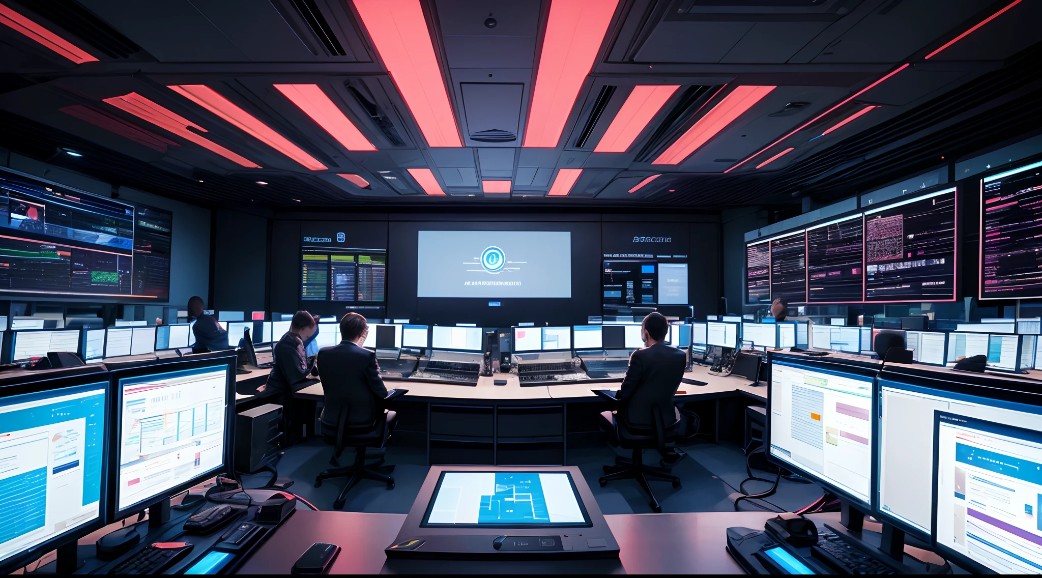 Step into the realm of cutting-edge technology with AIOps, the future of IT operations monitoring. The image portrays a medium full-shot view of a futuristic control room, where advanced artificial intelligence algorithms and machine learning models seamlessly replace manual monitoring tasks. The room is adorned with state-of-the-art monitors displaying real-time data and insights, while a team of IT professionals collaborates with the AI-powered systems to ensure smooth operations. The scene is characterized by a sleek and modern aesthetic, with a perfect balance of technology and human expertise. The mood is dynamic and forward-thinking, highlighting the transformative power of AIOps in revolutionizing IT operations. The style of the image is a realistic photographic representation, capturing the intricate details of the control room and showcasing the seamless integration of AI into the monitoring process., 8K, high definition resolution